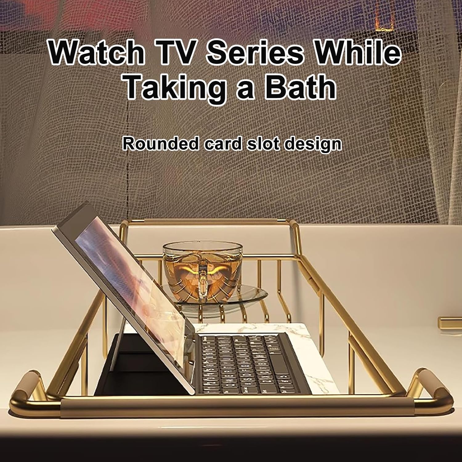 Expandable Bathtub Tray Caddy with Natural Marble Board & Stainless Steel Frame - Versatile Bathroom Rack for Books Wine Tablets - Fits Most Tubs Perfect for Relaxation-Gold