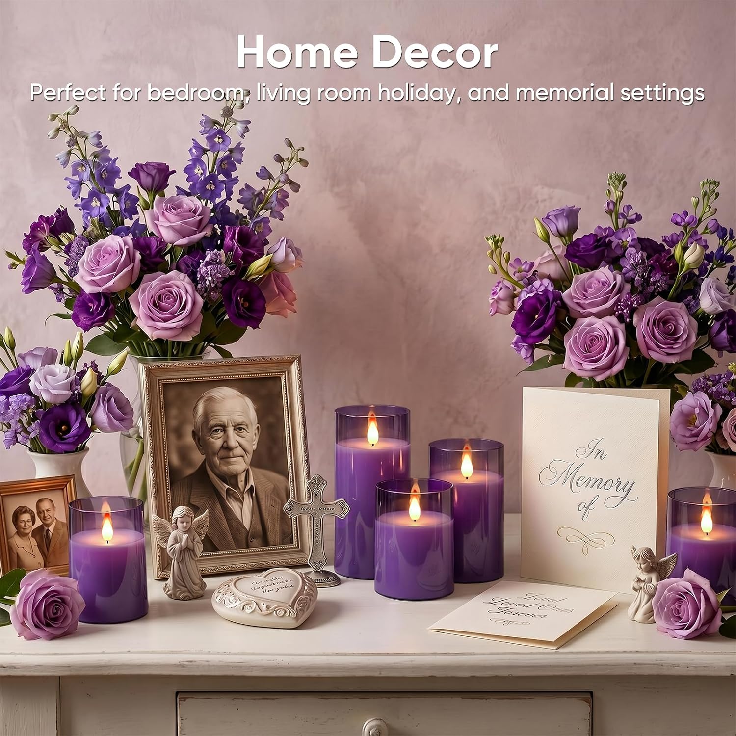 Homemory Purple Flameless Candles, Flickering Battery Operated LED Pillar Candles with Remote Timer, Acrylic Violet Fake Candles, Decorative Candles for Home Wedding Party Halloween Decor, Set of 3