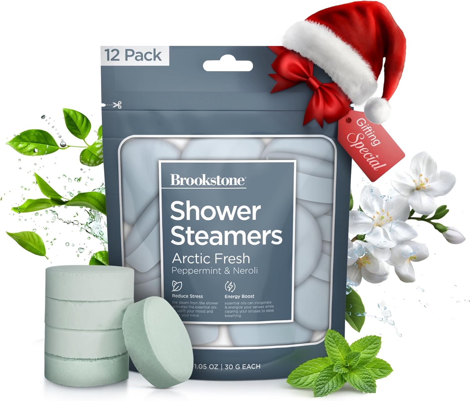 Brookstone Shower Steamers Aromatherapy 12 Tablets - Christmas Stocking Stuffers for Men, Birthday Gifts for Women, Green Elephant, Relaxation, Self Care - Shower Steamers Arctic Fresh