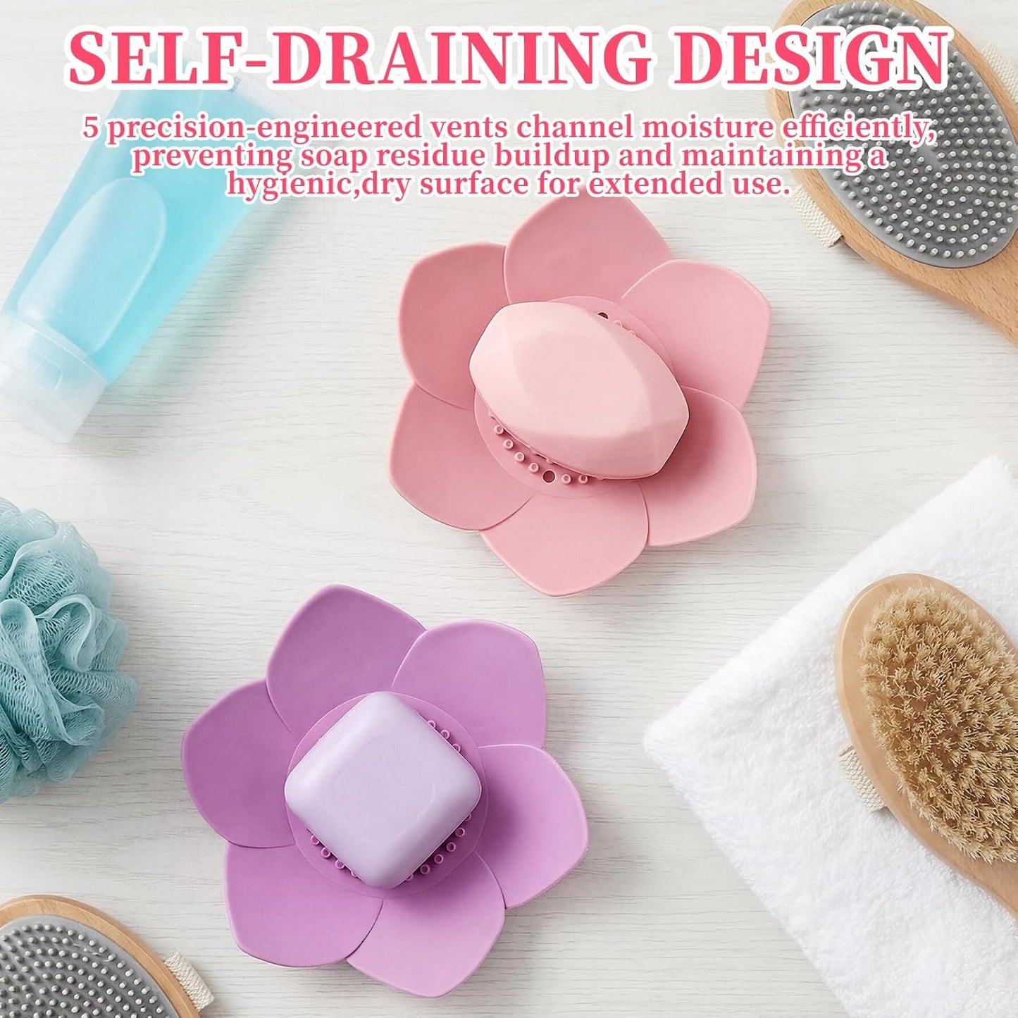 2 Pcs Lotus Shape Shower Steamer Tray, Silicone Soap Holder Non-Slip, Flower Shape Draining Soap Dishes with Drainage for Shower Non-Slip Holders Bathtub, Sink & Modern Bathroom Décor