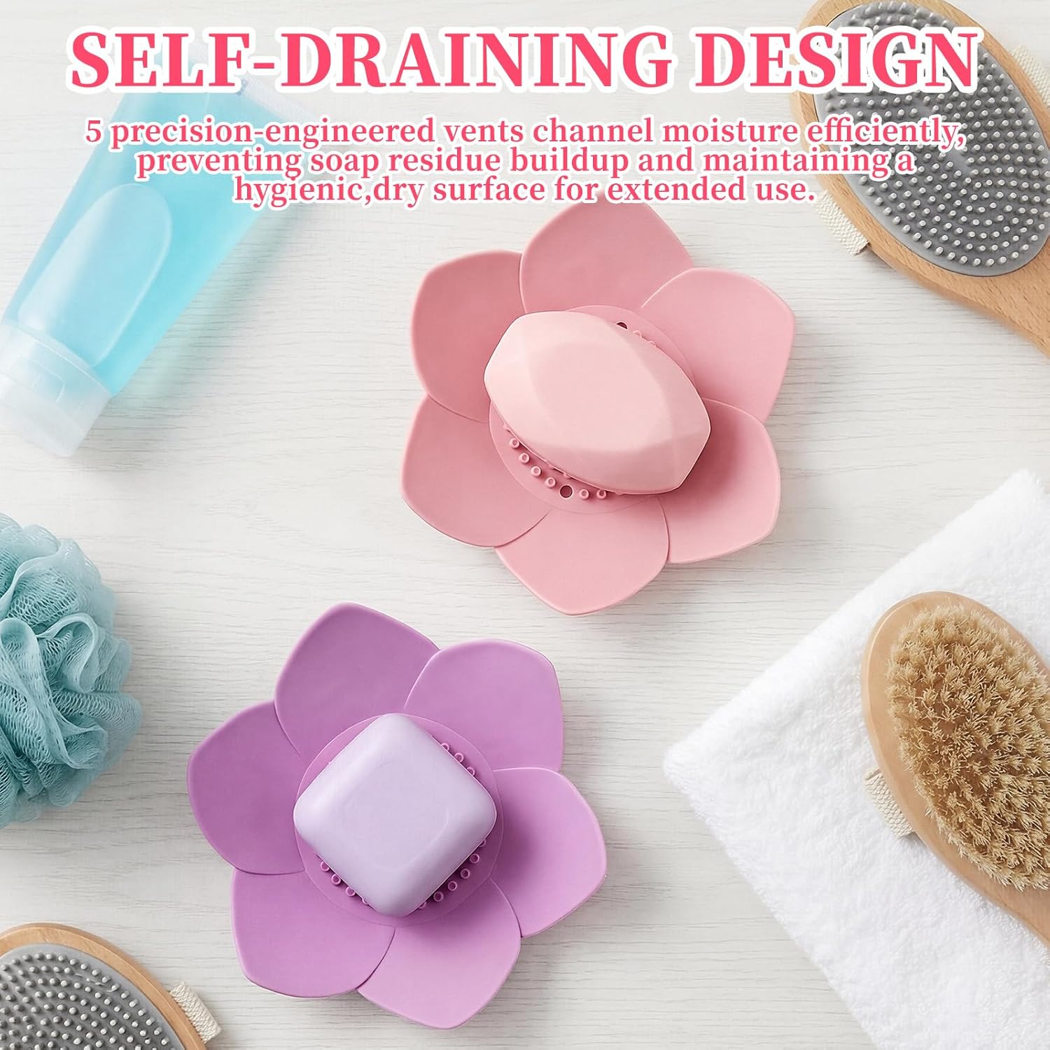 2 Pcs Lotus Shape Shower Steamer Tray, Silicone Soap Holder Non-Slip, Flower Shape Draining Soap Dishes with Drainage for Shower Non-Slip Holders Bathtub, Sink & Modern Bathroom Décor