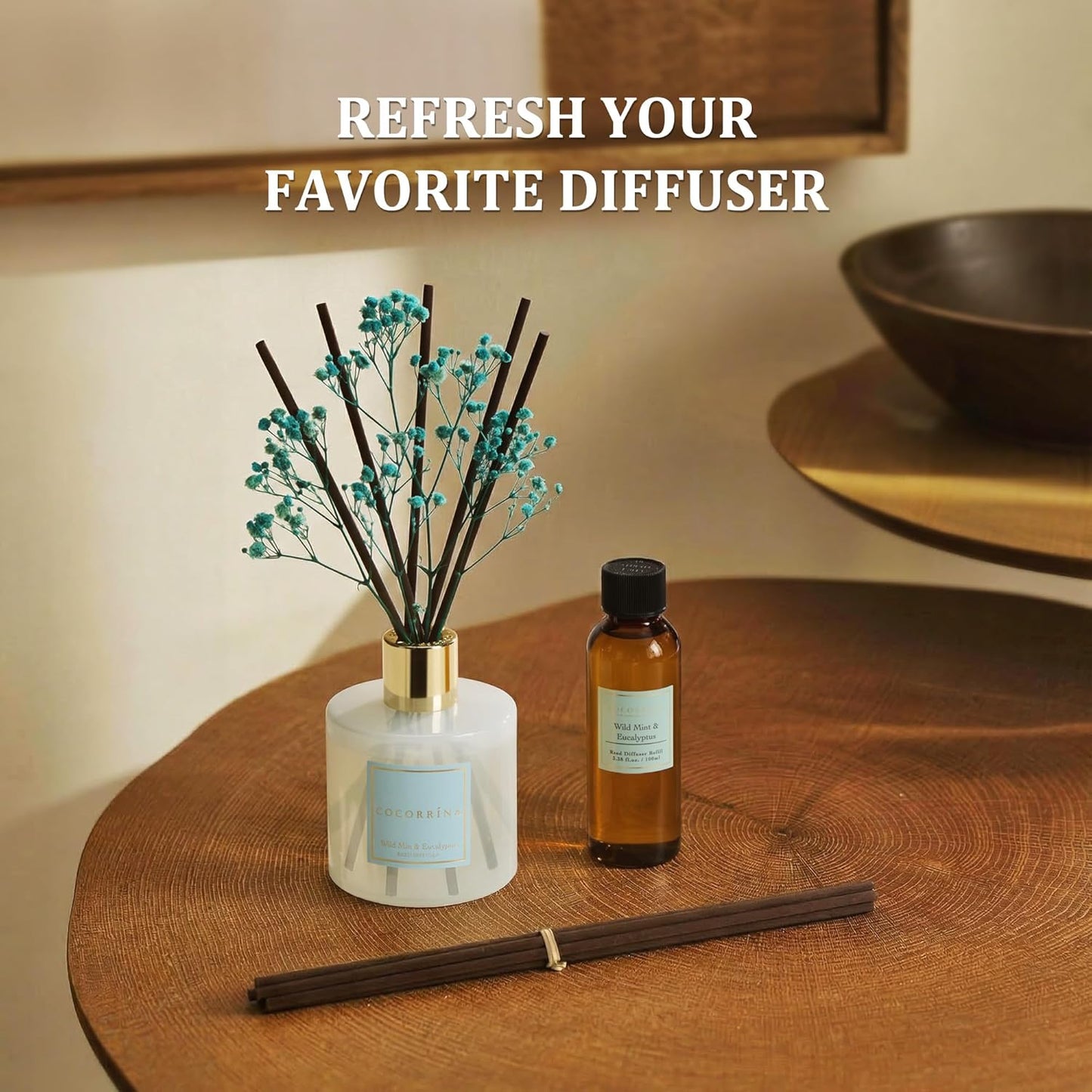 COCORRÍNA Reed Diffuser Refill Set, 10.2oz Scented Oil Refill 3 Pack, Clean Linen, Ocean Mist, Eucalyptus & Moss, Long Lasting Oil Diffuser Refill with 18 Sticks for Bathroom & Bedroom