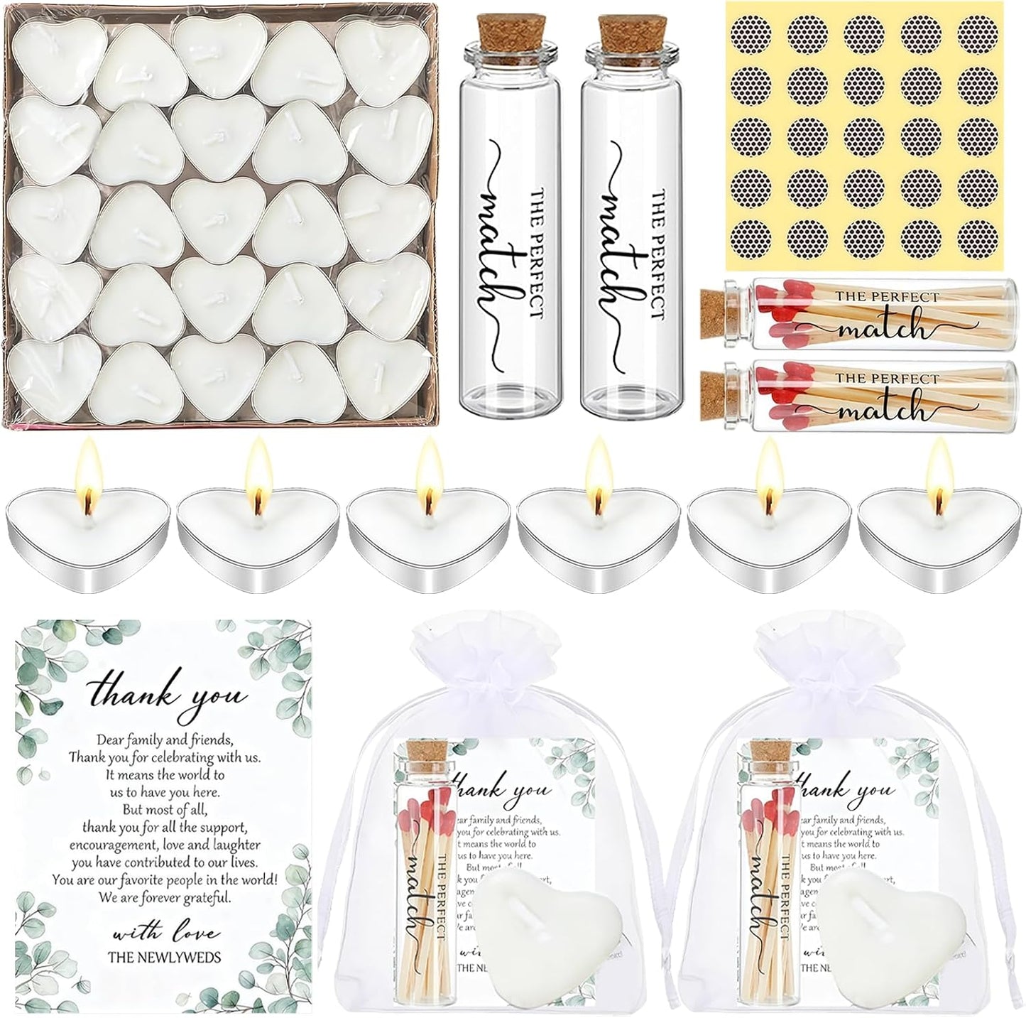 50 Set Wedding Party Favors for Guests Bulk, Mini Heart Shaped Candles Empty Matches Jars with Cork Top Thank You Cards and Organza Bags for Wedding Bridal Shower Guest Souvenir Gift