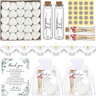 50 Set Wedding Party Favors for Guests Bulk, Mini Heart Shaped Candles Empty Matches Jars with Cork Top Thank You Cards and Organza Bags for Wedding Bridal Shower Guest Souvenir Gift