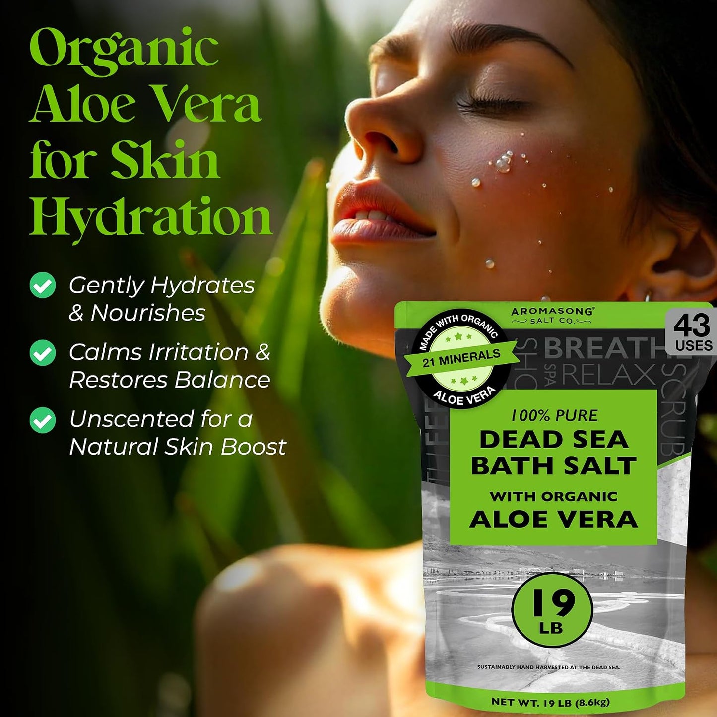 Aromasong Dead Sea Salt with Organic Aloe Vera, Spa Bath Salts, 19 Lbs Fine Bulk resealable Pack, 100% Pure & Natural, Soak for Women & Men for Tired Muscles & Skin Issues (Packaging May Vary)