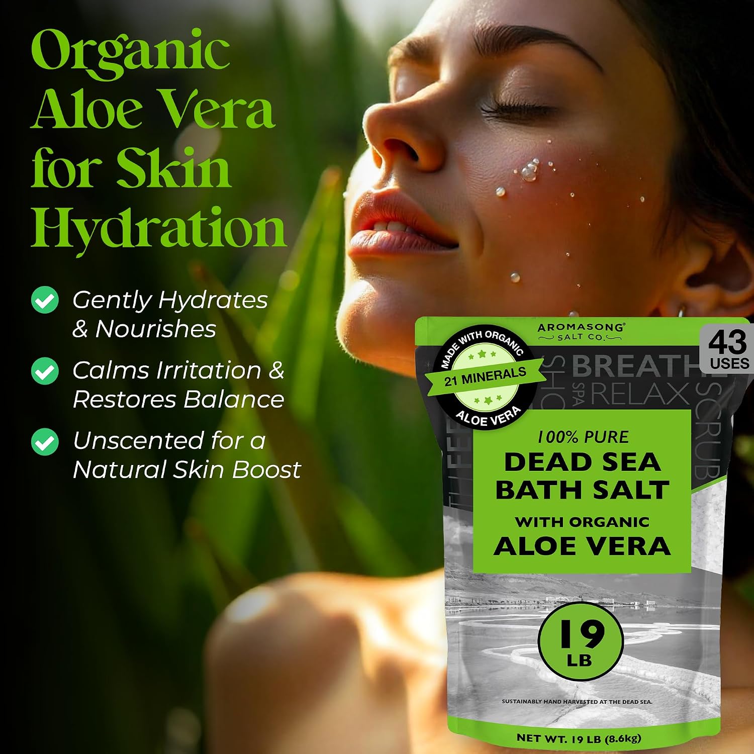 Aromasong Dead Sea Salt with Organic Aloe Vera, Spa Bath Salts, 19 Lbs Fine Bulk resealable Pack, 100% Pure & Natural, Soak for Women & Men for Tired Muscles & Skin Issues (Packaging May Vary)