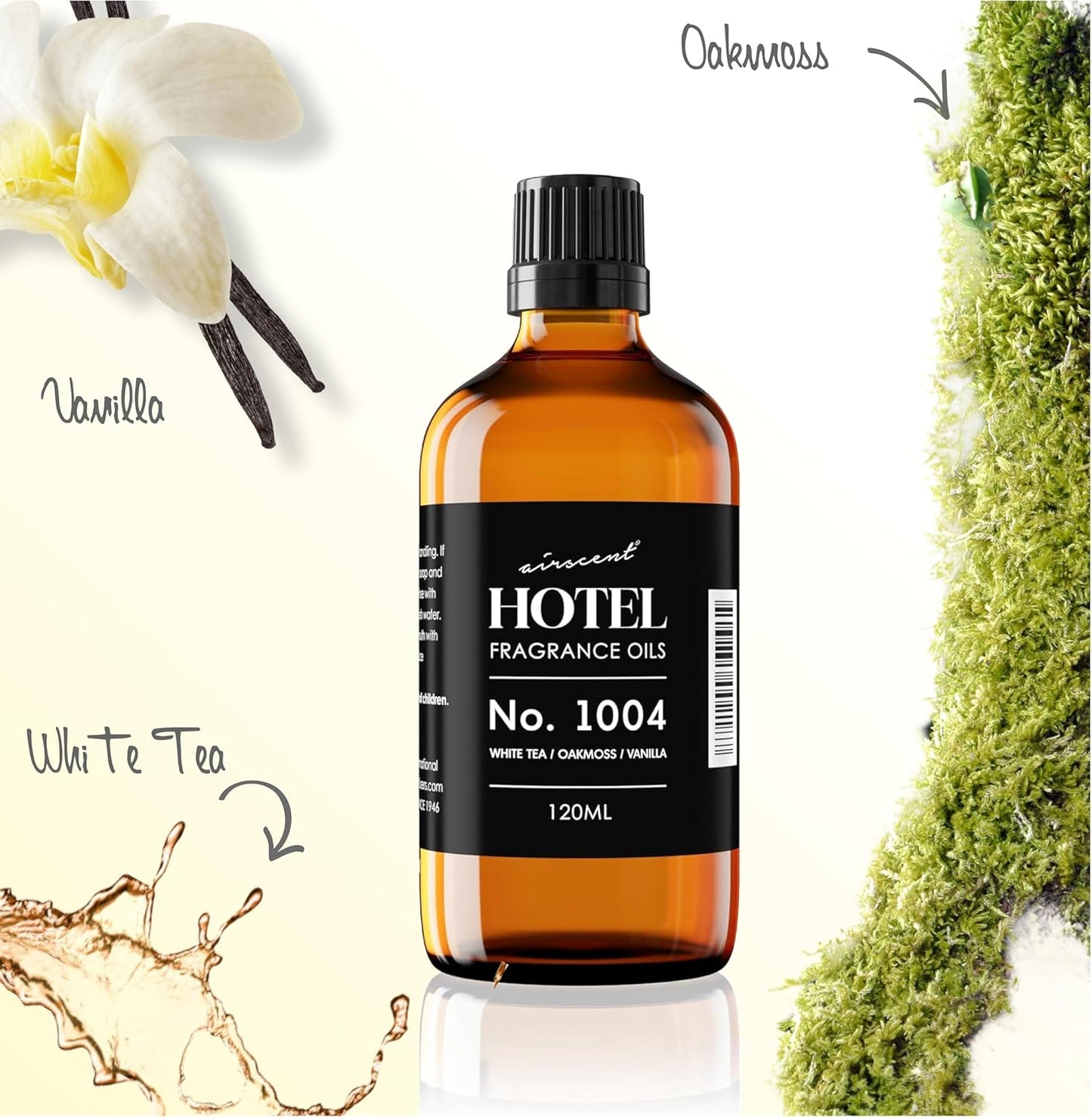 AirScent Hotel Diffuser Oil No. 1004 - White Tea, Oakmoss and Vanilla - Premium Fragrance Oil for Ultrasonic and Waterless Diffusers and Crafting - 120 mL, 4 fl oz Glass Bottle