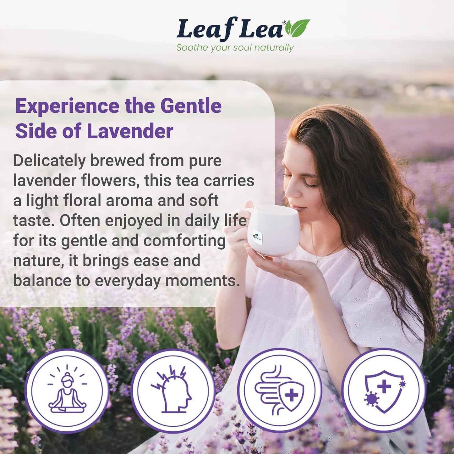 LeafLea Lavender Tea Bags, Pure Lavender Flower Herbal Tea, 40 Count | Just Real Lavender, Nothing Else, Soft Floral Aroma, Caffeine-Free, A Calming Cup Before Bed, Individually Foil-Wrapped
