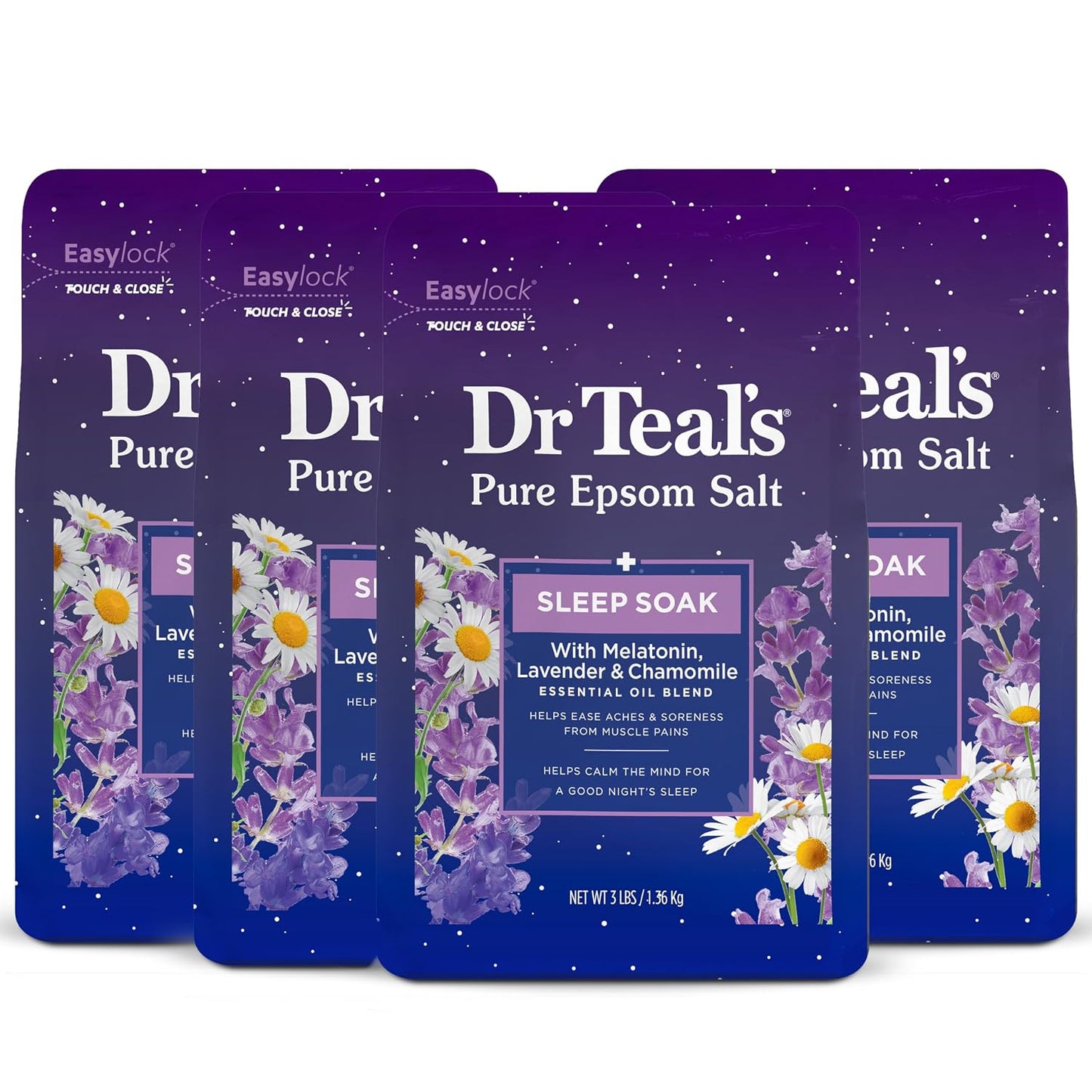 Dr Teal's Foaming Bath with Pure Epsom Salt, Sleep Blend with Melatonin & Pure Epsom Salt Soak, Sleep Blend with Melatonin, Lavender & Chamomile Essential Oils, 3 lbs (Pack of 4) (Packaging May Vary)