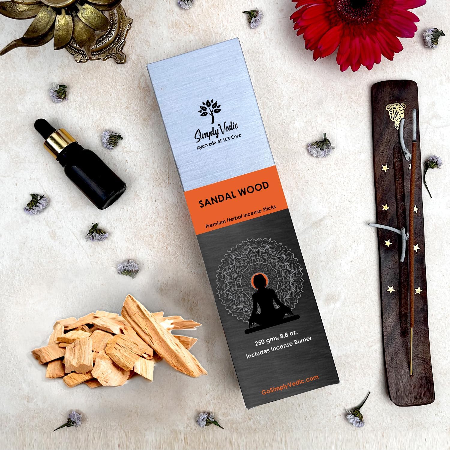 Simply Vedic Sandalwood Incense Sticks 250g (Approx. 135 Handmade Sticks) with Free Holder | 45 Min Burn | Natural Charcoal-Free Agarbatti for Meditation, Yoga, Aromatherapy, Relaxation