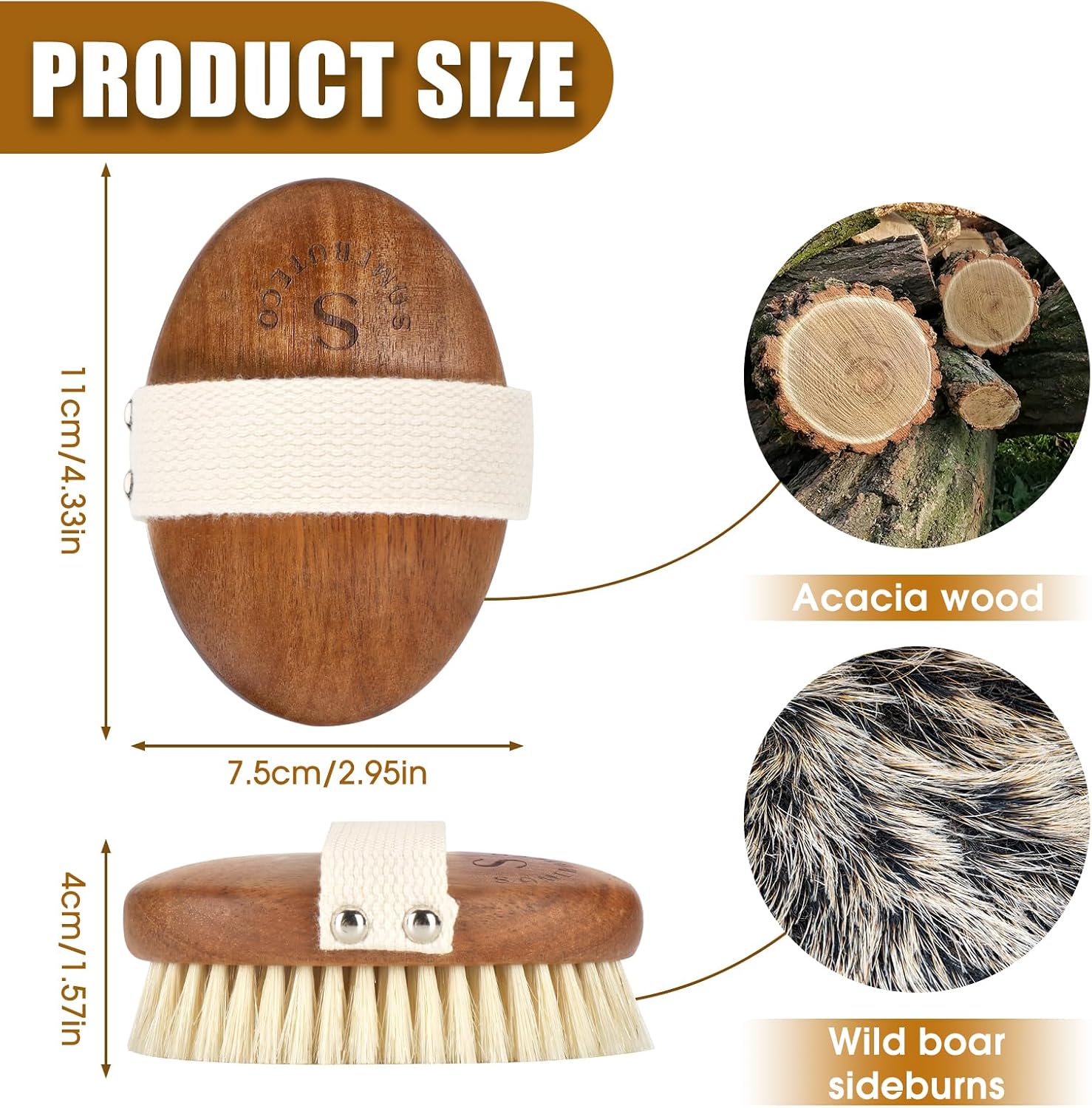 SAMEBUTECOBody Brush Solid Acacia Wood Boar Long Bristles Bath Brush for Skin Exfoliation,Lymphatic Drainage Improvement Oval Shape Dry Brush Comfort to Hold Works