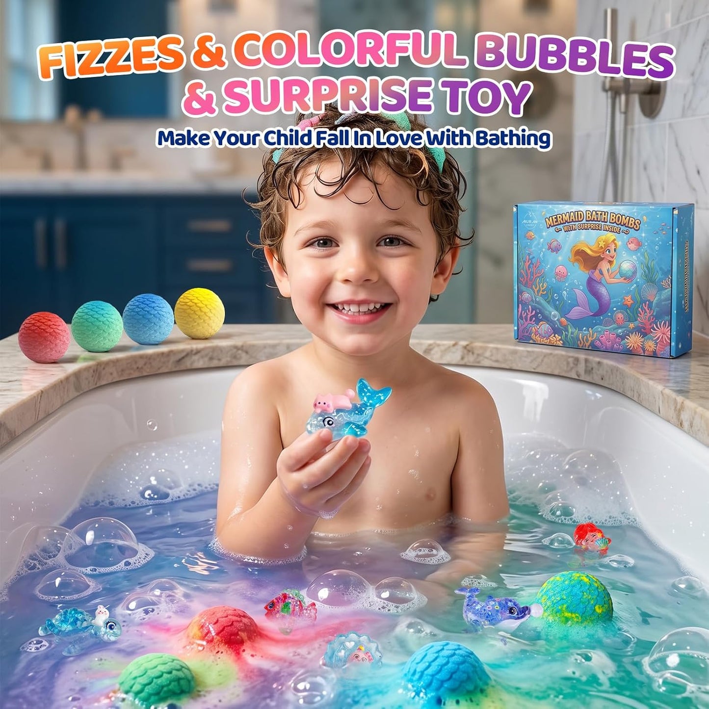 Mermaid Bath Bombs for Kids with Surprise Toys Inside, 12pcs Bubble Kids Bath Bombs with Mermaid Toys Gift Set for 3 4 5 6 7 8 Year Old Girls Birthday Christmas Gift Spa Bath Ball with Bath Toy Fun