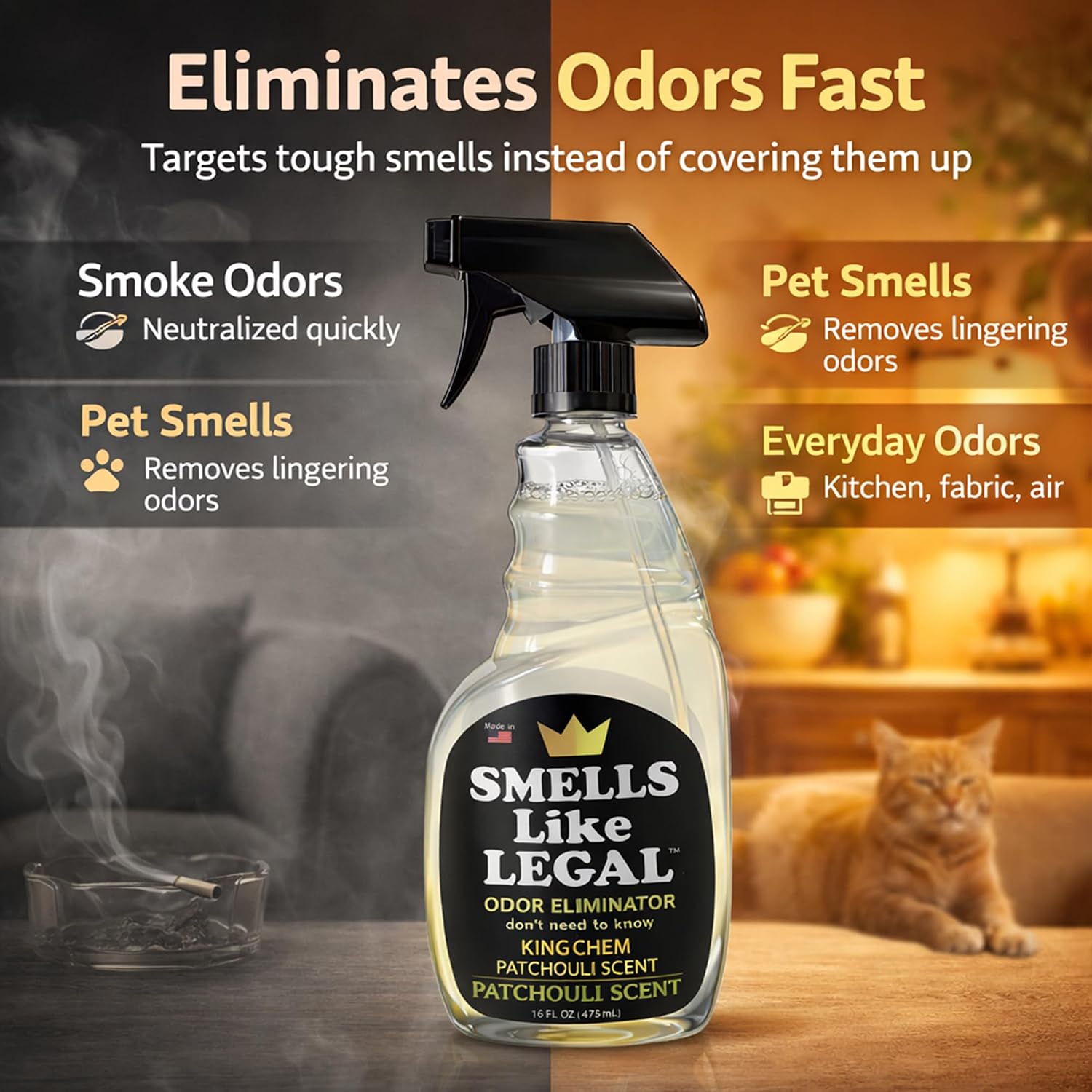 Smells Like Legal™ Patchouli Odor Eliminator Spray – Powerful Commercial-Grade – Eliminates Smoke, Pet & Food Odors at source – Fabric-Safe, Non-Staining – Biodegradable Air & Fabric Freshener – 16 oz