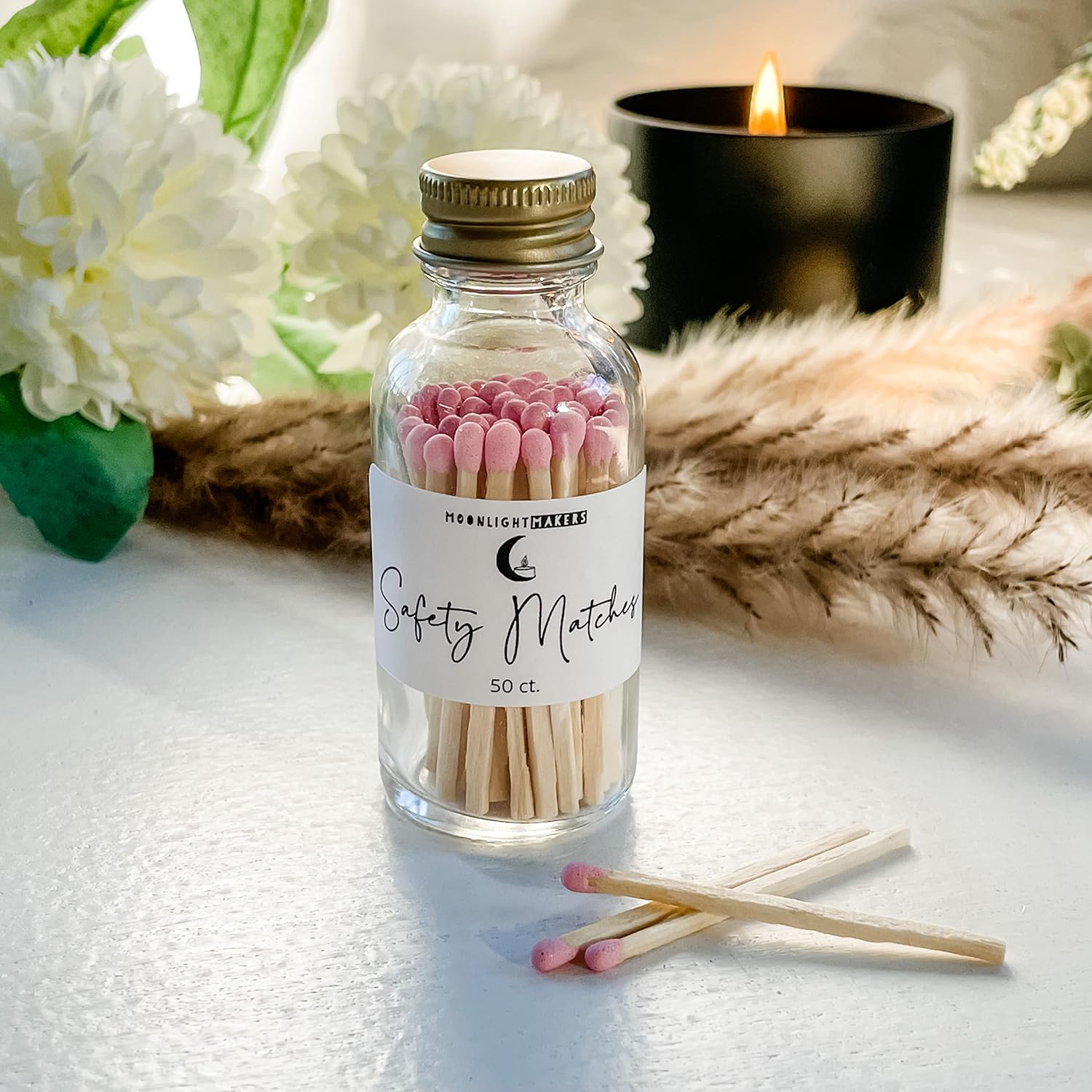 Moonlight Makers Fancy Matches in Jar - 50 Wooden Safety Matches, Decorative Glass Match Jar with Striker, Reusable Matchstick Holder, Gold Lid Match Jars for Bathroom, Candles, & Home Decor - Pink