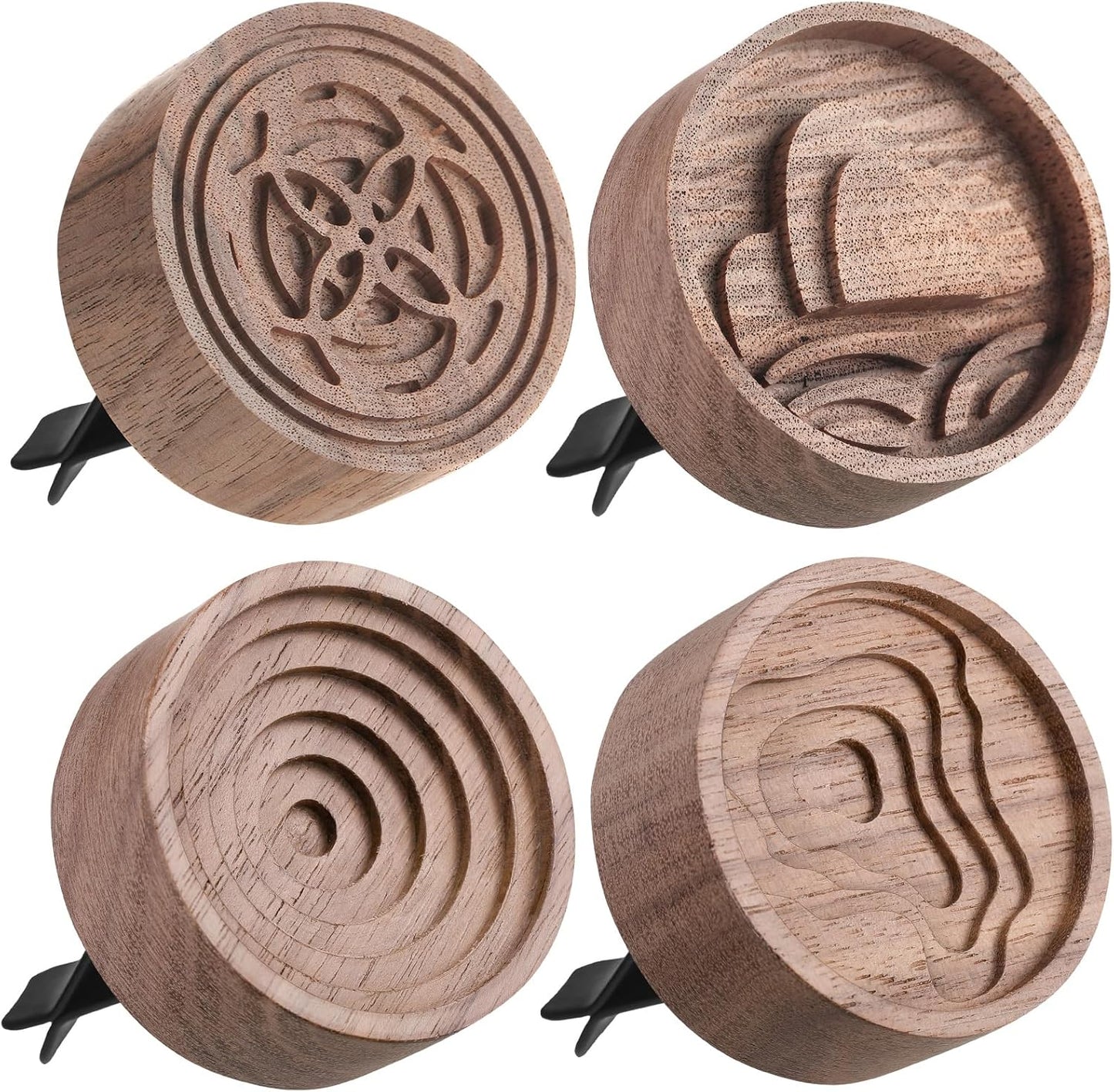 Teenyyou 4 Pcs Wooden Essential Oil Diffuser Car Aromatherapy Passive Diffuser with Vent Clip Walnut Wood Round Air Freshener Winter Gifts for Home Offices Yoga Rooms Sauna Rooms