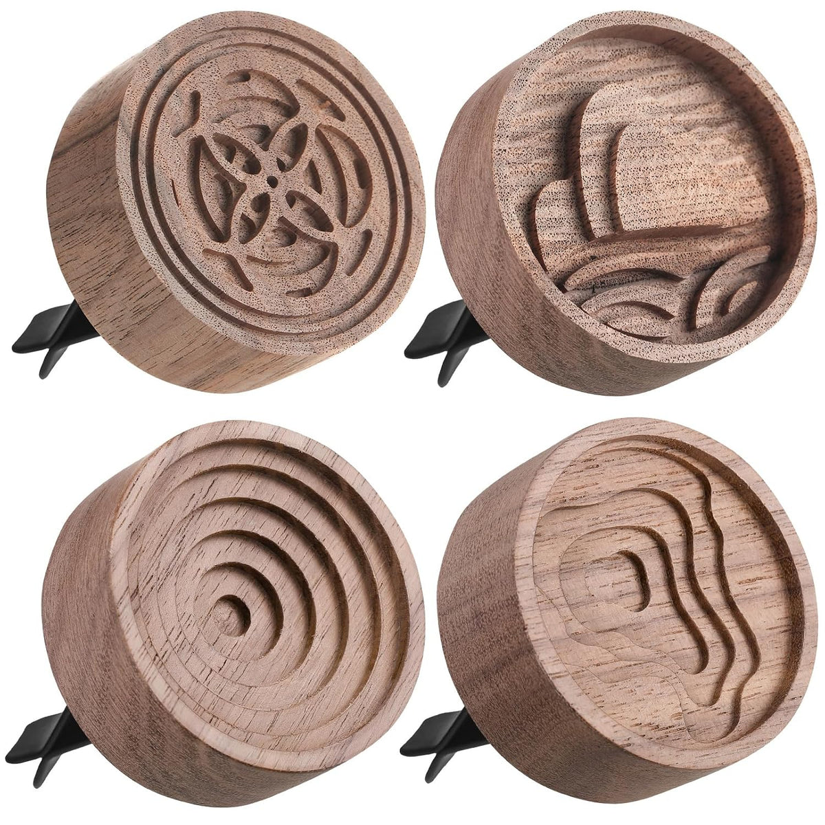 Teenyyou 4 Pcs Wooden Essential Oil Diffuser Car Aromatherapy Passive Diffuser with Vent Clip Walnut Wood Round Air Freshener