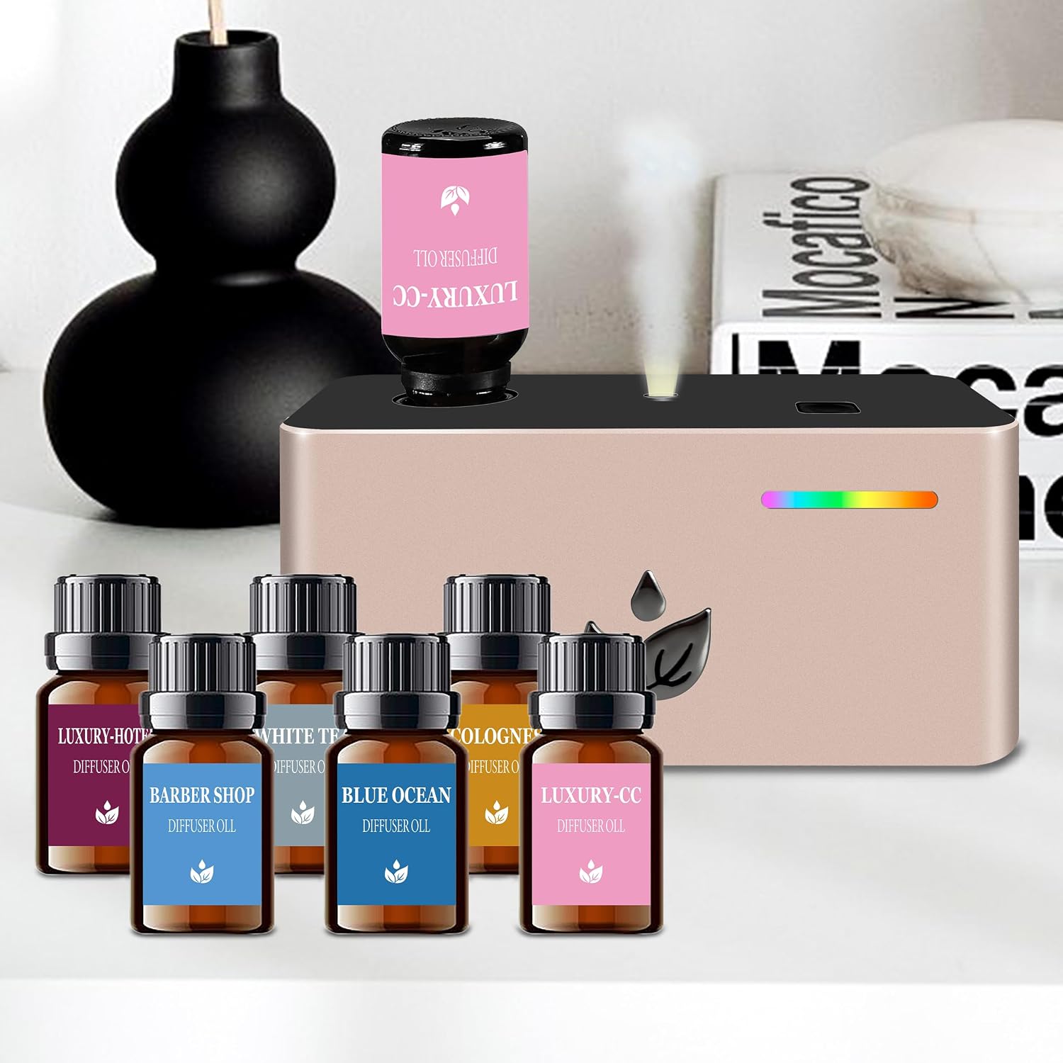 Waterless Diffuser, Essential Oil Diffuser with 6pcs Mixed Scent Fragrance Oils, Rechargeable Air Aromatherapy Diffuser with 3 Spray Modes for Home Office Hotel