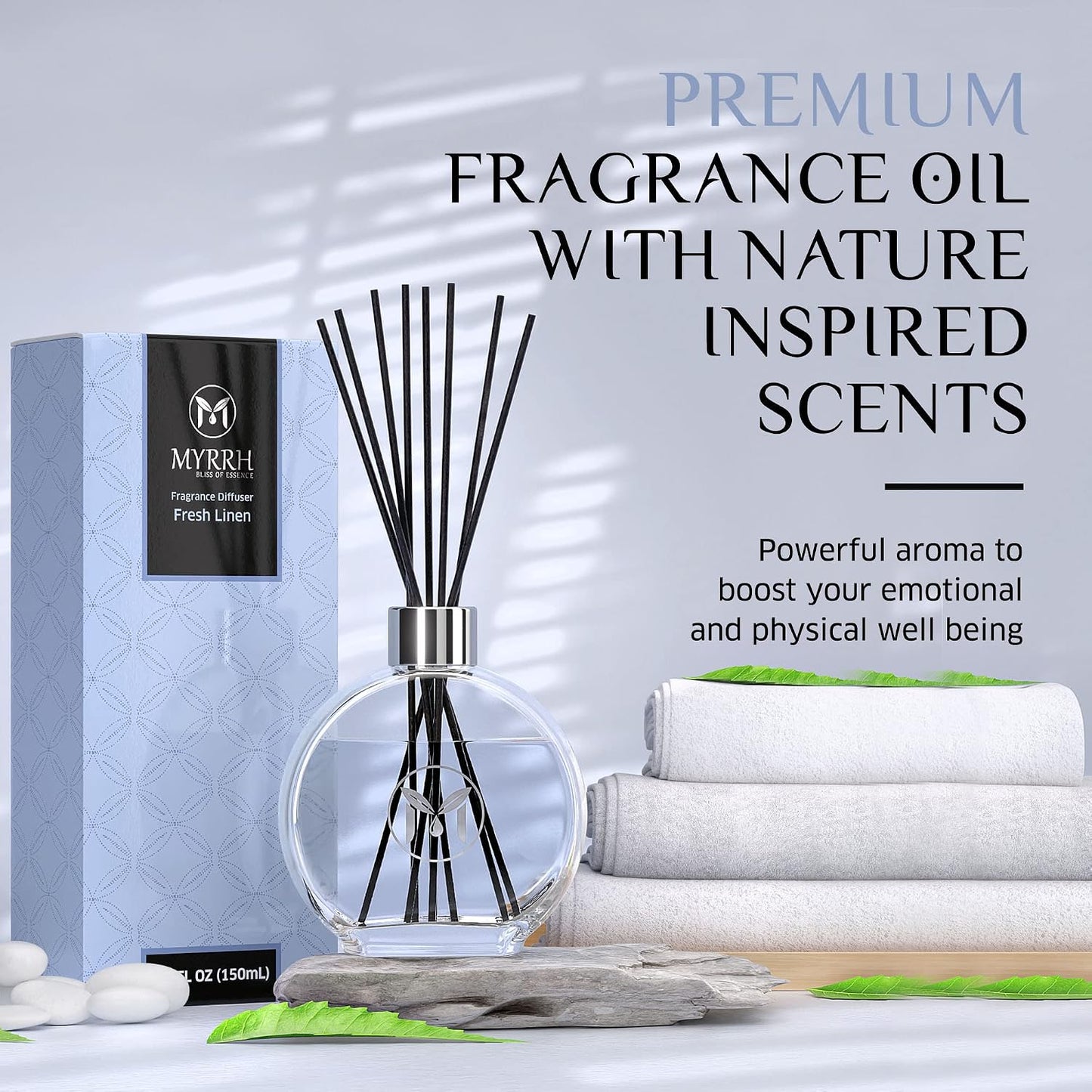Fresh Linen Scented Reed Diffuser Set with 8 Rattan Diffuser Sticks,150 ml, All Natural Air Freshener, Long-Lasting Diffusers at Home - MyrrhUSA