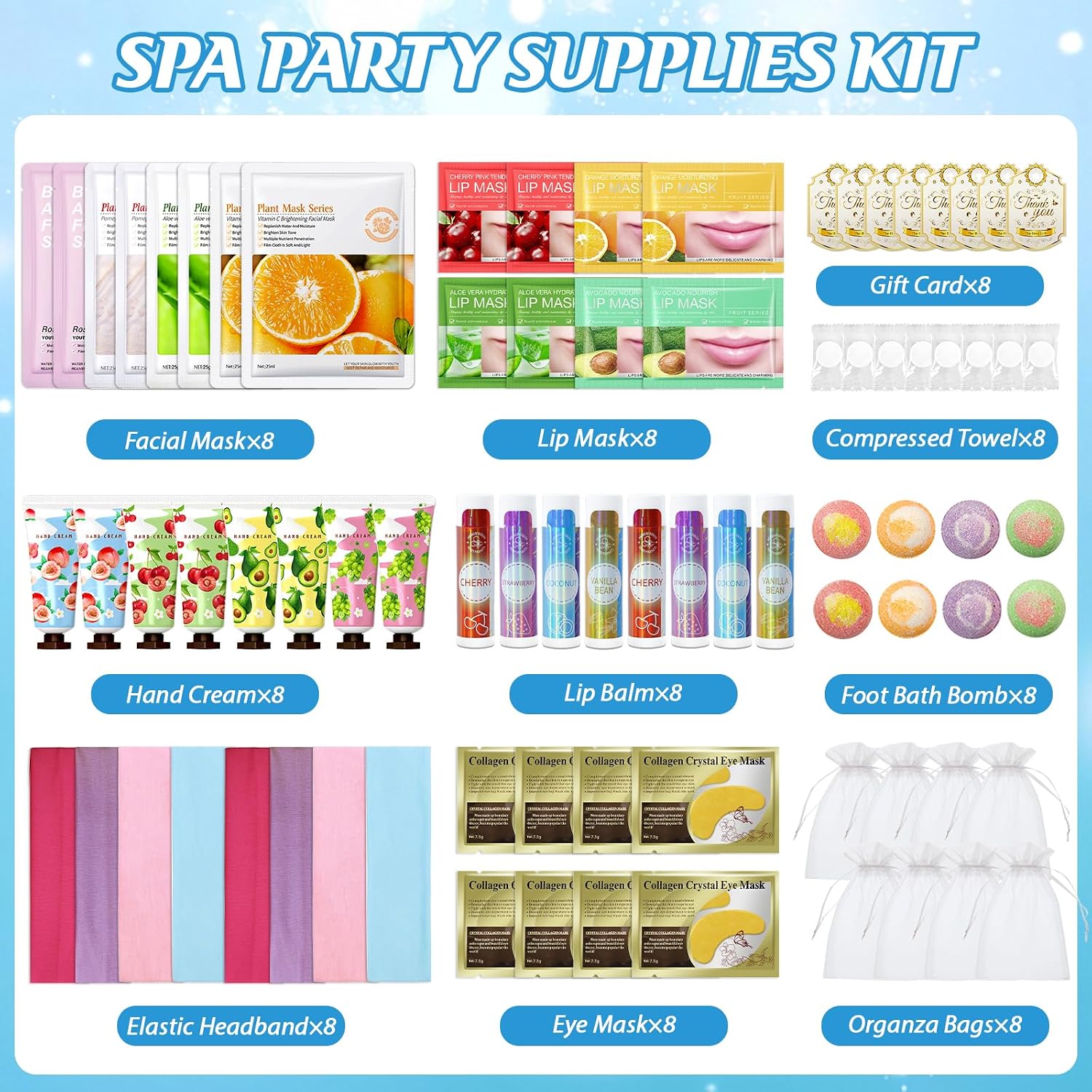 80PCS Spa Birthday Party Supplies, Include Face Masks, Lip Balm, Hand Cream, Under Eye Patches, Lip Mask, Foot Bath Bombs,Headband,Sleepover Spa Party Supplies Kit for Women Girls Gift Skincare Set