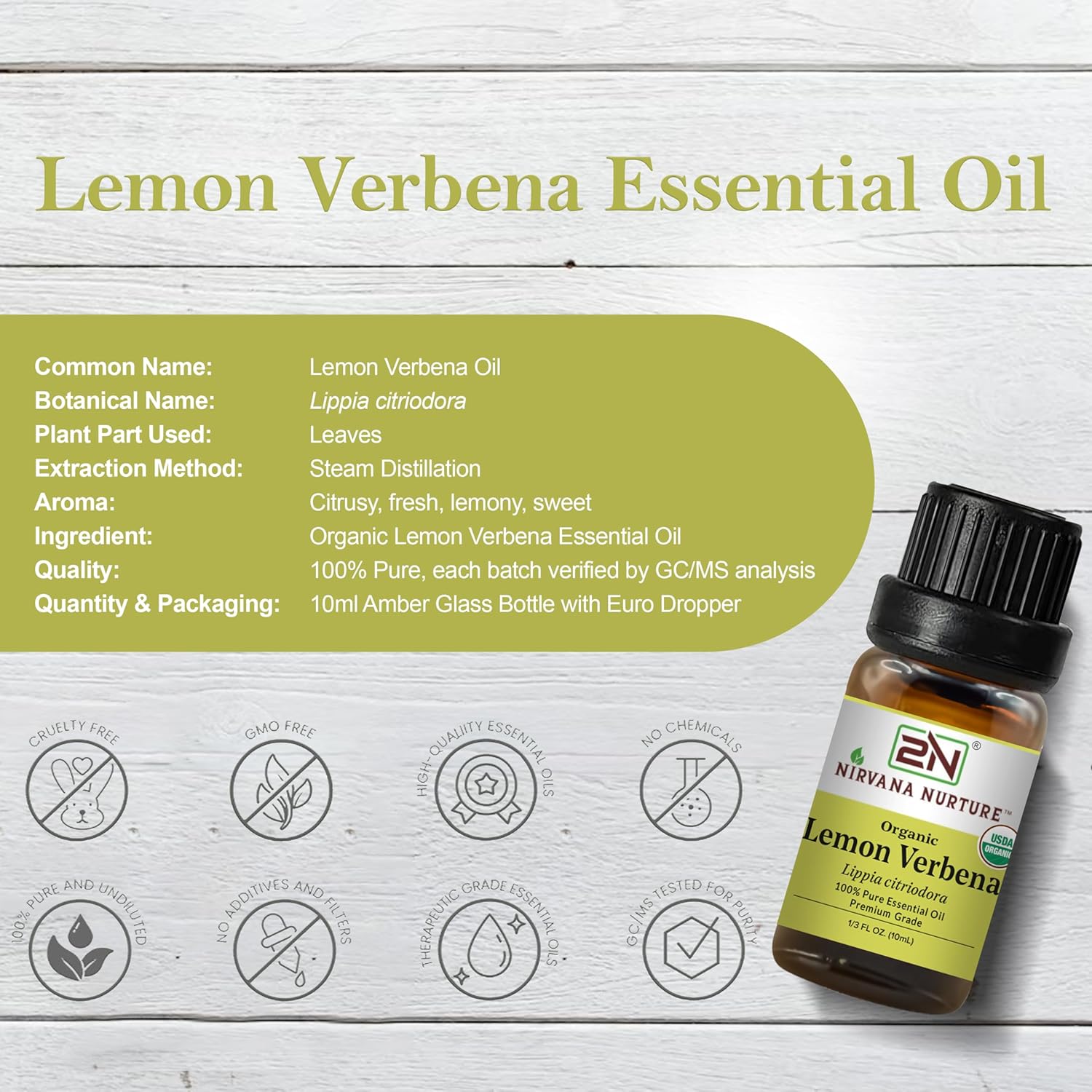 Lemon Verbena Essential Oil, USDA Certified Organic, 100% Pure Undiluted, Aromatherapy Oil for Diffuser, Hair & Skin Care
