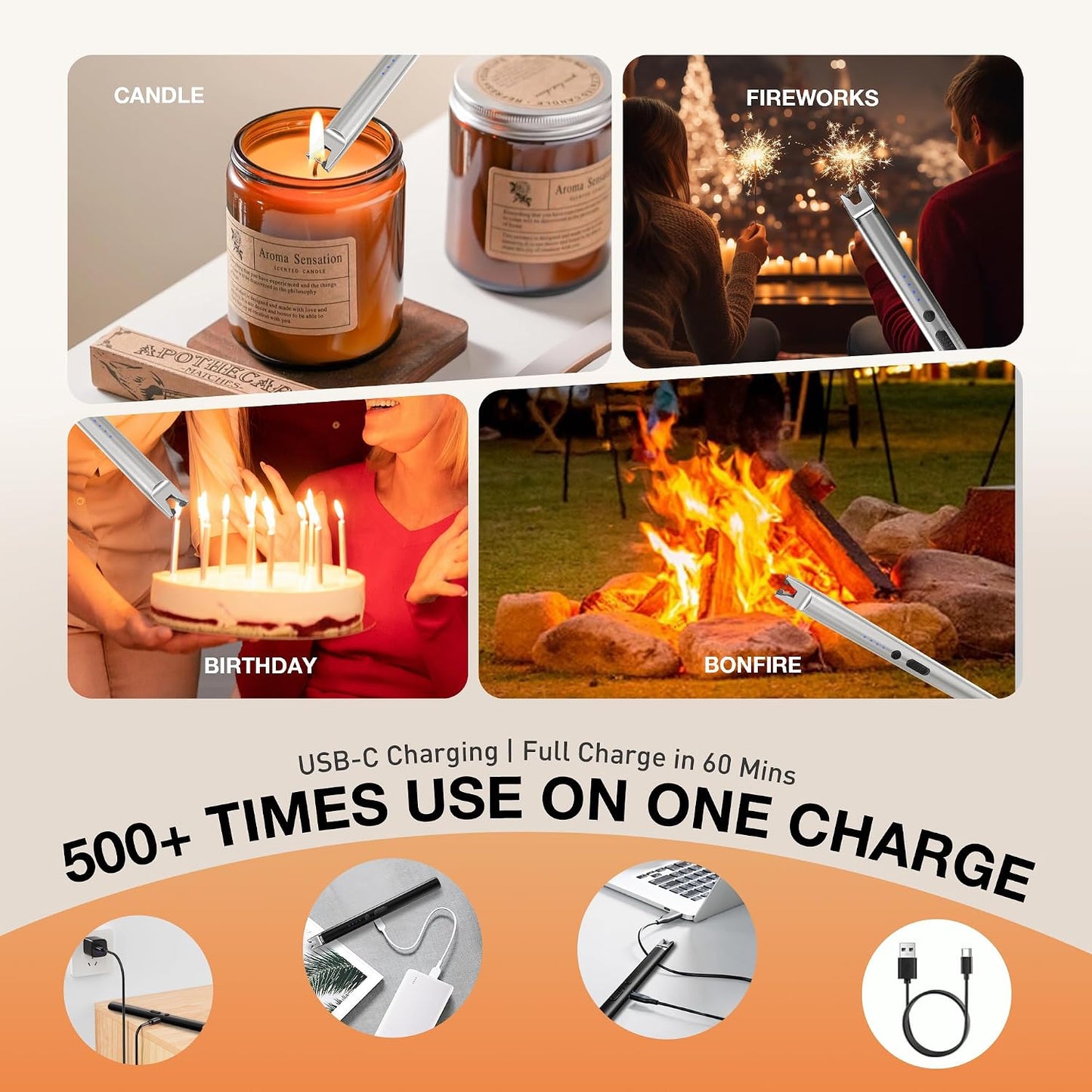 3-Pack Long Stem Electric USB C Rechargeable Plasma Candle Lighter, Windproof Arc Lighter with Safety Lock for Candles, Gas Stoves, Firestarter, Gift Set (Black, Rose Gold, Chrome)