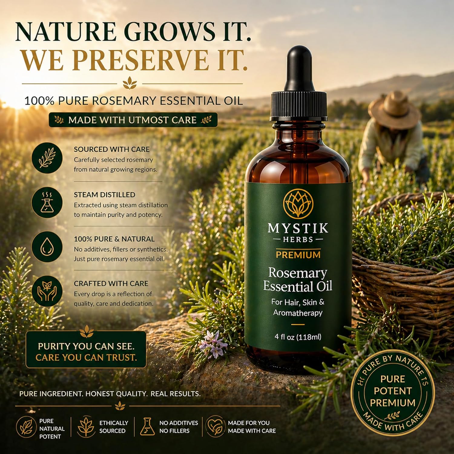 Premium Rosemary Essential Oil for Hair & Scalp, 100% Pure Undiluted Rosemary Oil for Hair Care, Skin & Aromatherapy, 4 fl oz (118ml)
