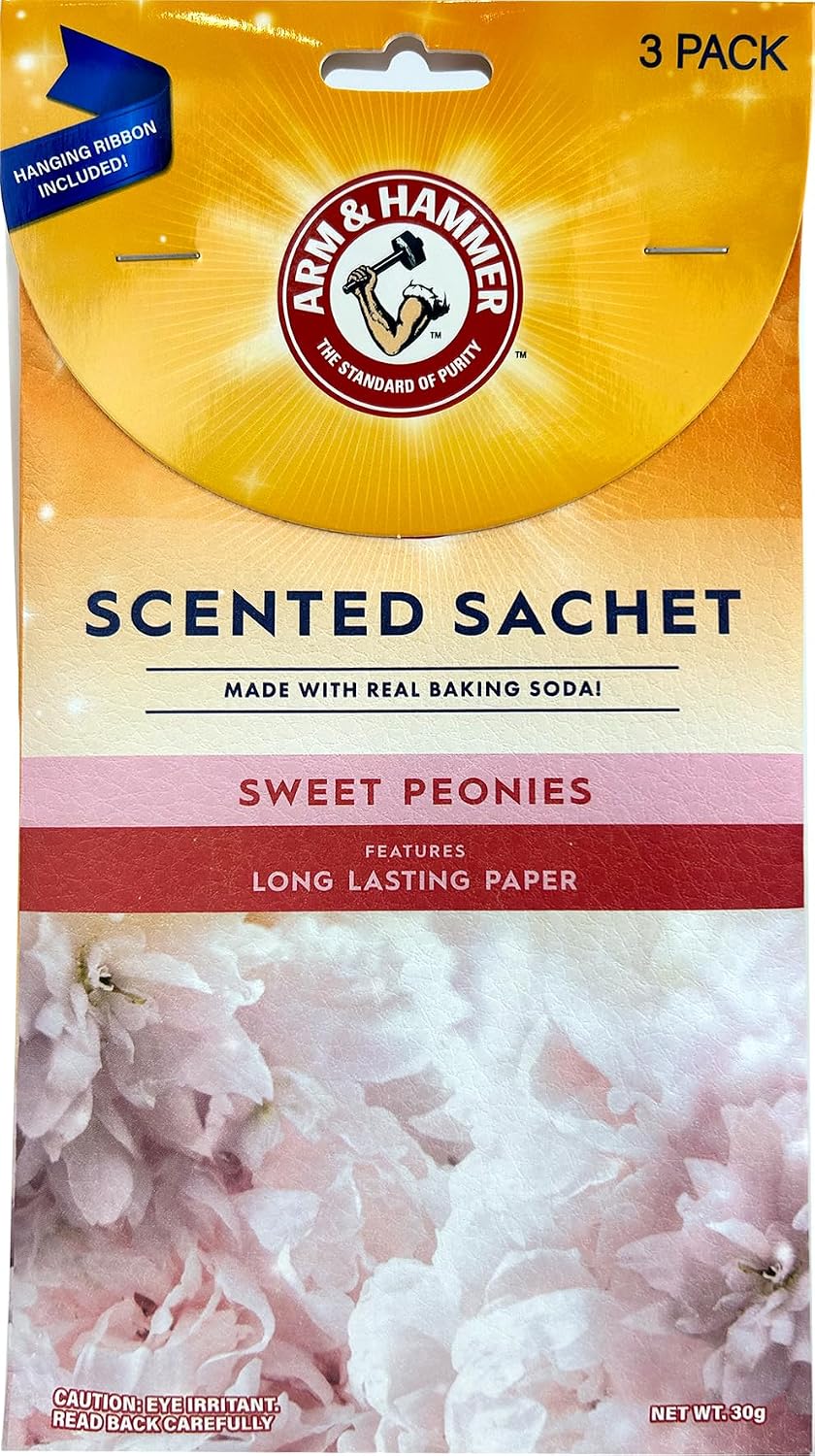ARM & HAMMER 3 Pack Scented Sachets for Drawers & Closet with Hanging Ribbon, Real Baking Soda (Sweet Peonies)