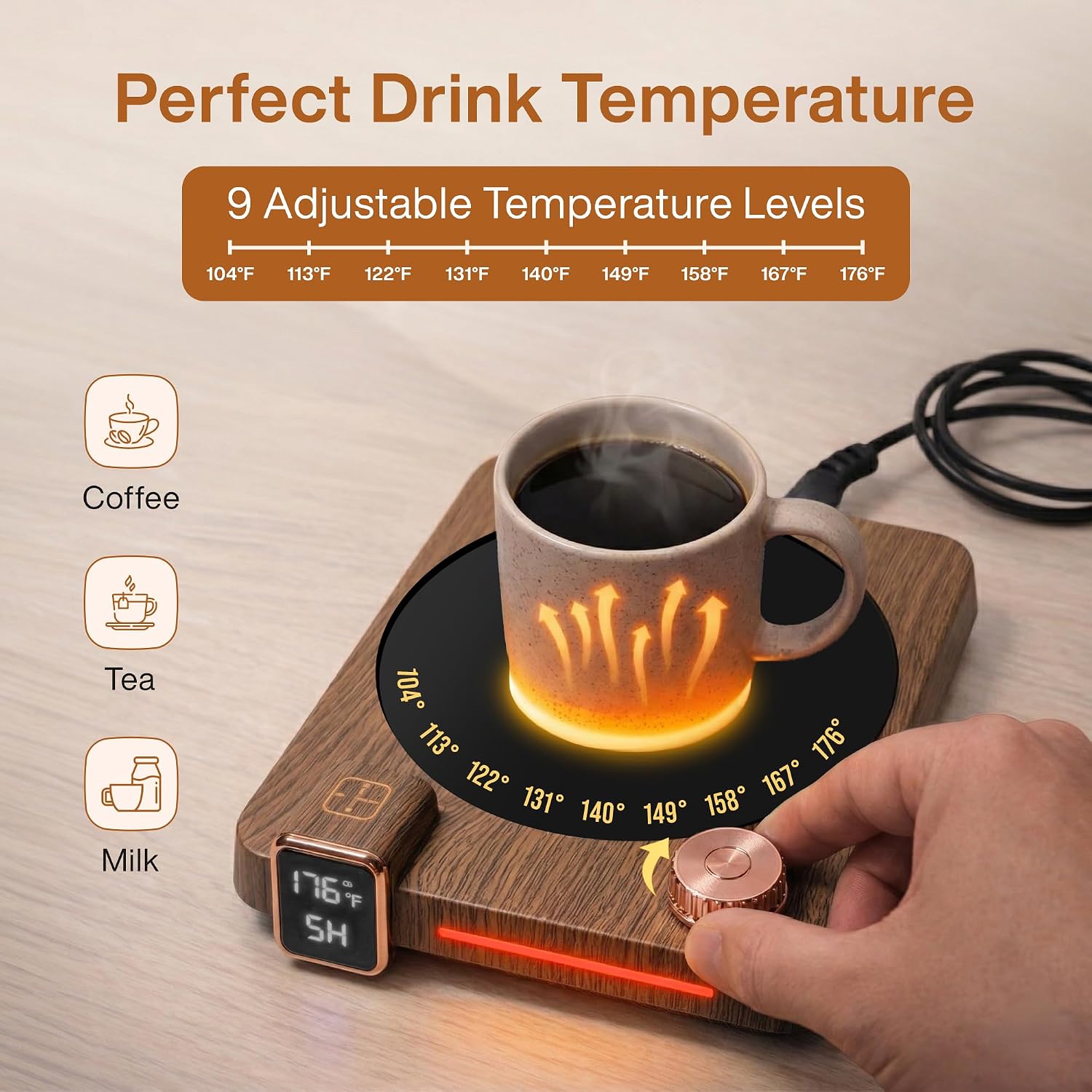 Coffee Mug Warmer for Desk, 40W Electric Cup Warmer with Digital Display, 9 Temp Settings, 1–12H Timer & Auto On/Off, LED Display Candle & Beverage Warmer Plate.