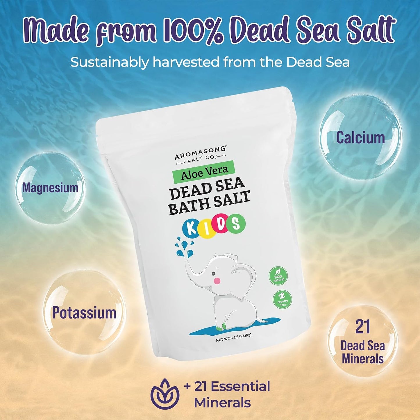 Aromasong Dead Sea Salt Kids Bath Soak with Aloe Vera – Soothing, Calming & Sleep-Ready – 4 Lbs Fine Grain Bulk Resealable Pack – 100% Pure & Natural Mineral-Rich Bath Salt
