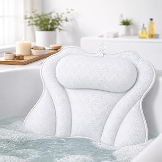 MONK & LLAMA Bath Pillow for Tub Soft Bathtub Pillow for Head and Neck Support Non-Slip Tub Pillow with Quick-Dry Mesh Comfortable Bath Accessory for Women & Men - Wavy, White
