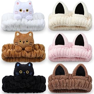 6 Pcs Cat Ear Headbands for Washing Face, Soft Cute Coral Fleece Spa Headbands for Women Girls Skincare Makeup Shower Yoga Trendy Stuff Cat Accessories Gift