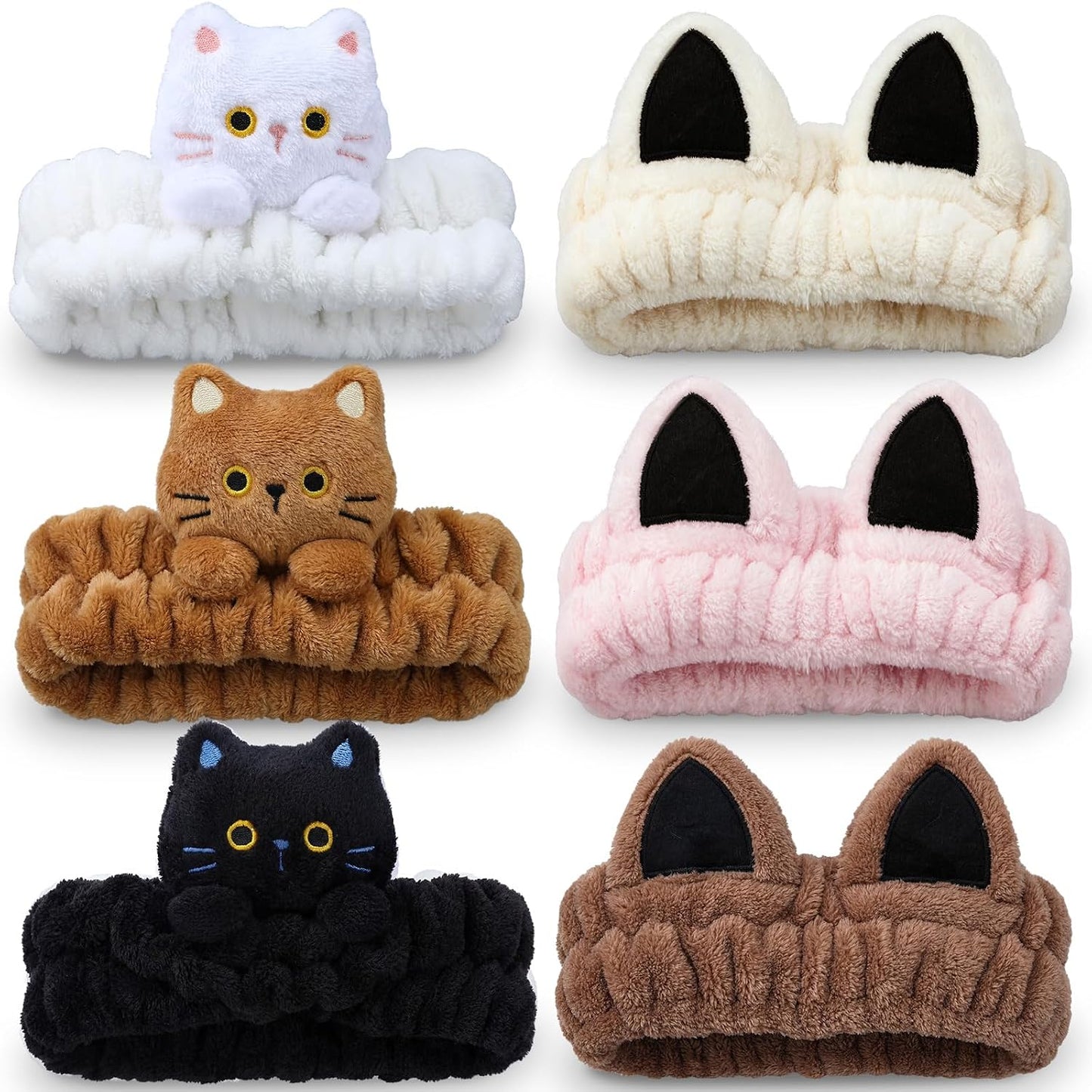 6 Pcs Cat Ear Headbands for Washing Face, Soft Cute Coral Fleece Spa Headbands for Women Girls Skincare Makeup Shower Yoga Trendy Stuff Cat Accessories Gift