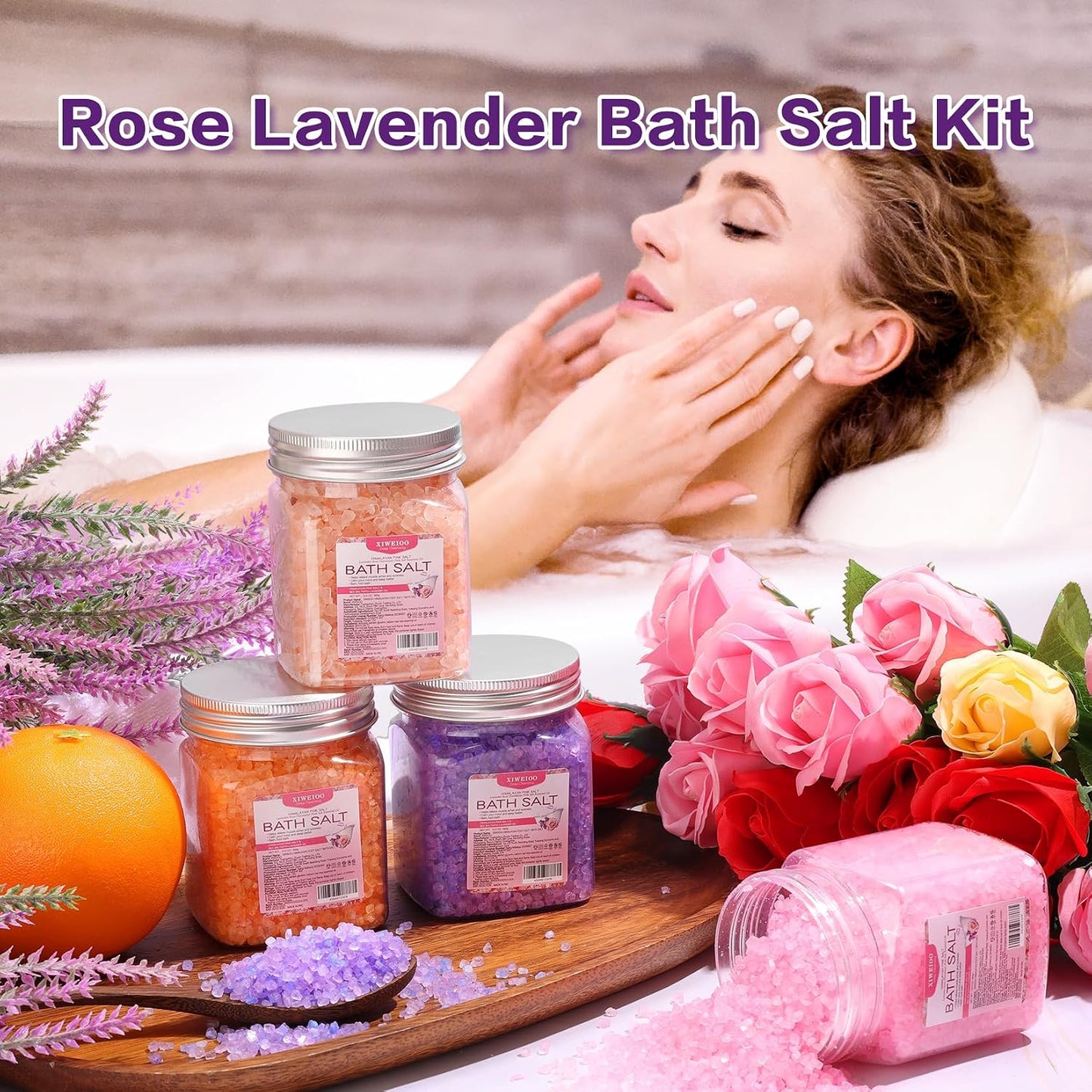 4 Pack Bath Salts Soaking Kit Himalayan Pink Salt Lavender Orange Rose Pink Scent Epsom Salt Bubble Bath Women Christmas Gift Dead Sea Salt Moisturizing Skin