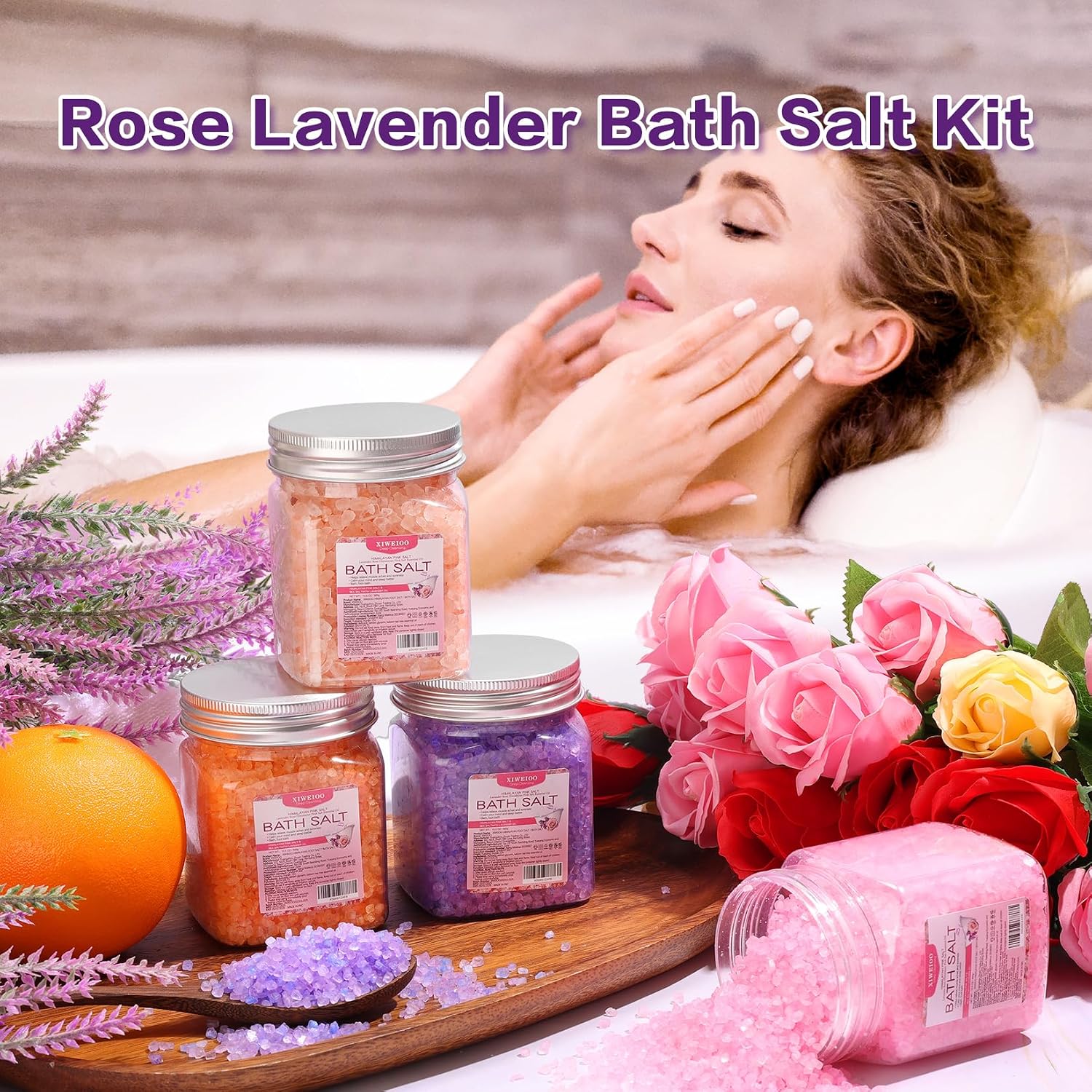 4 Pack Bath Salts Soaking Kit Himalayan Pink Salt Lavender Orange Rose Pink Scent Epsom Salt Bubble Bath Women Christmas Gift Dead Sea Salt Moisturizing Skin