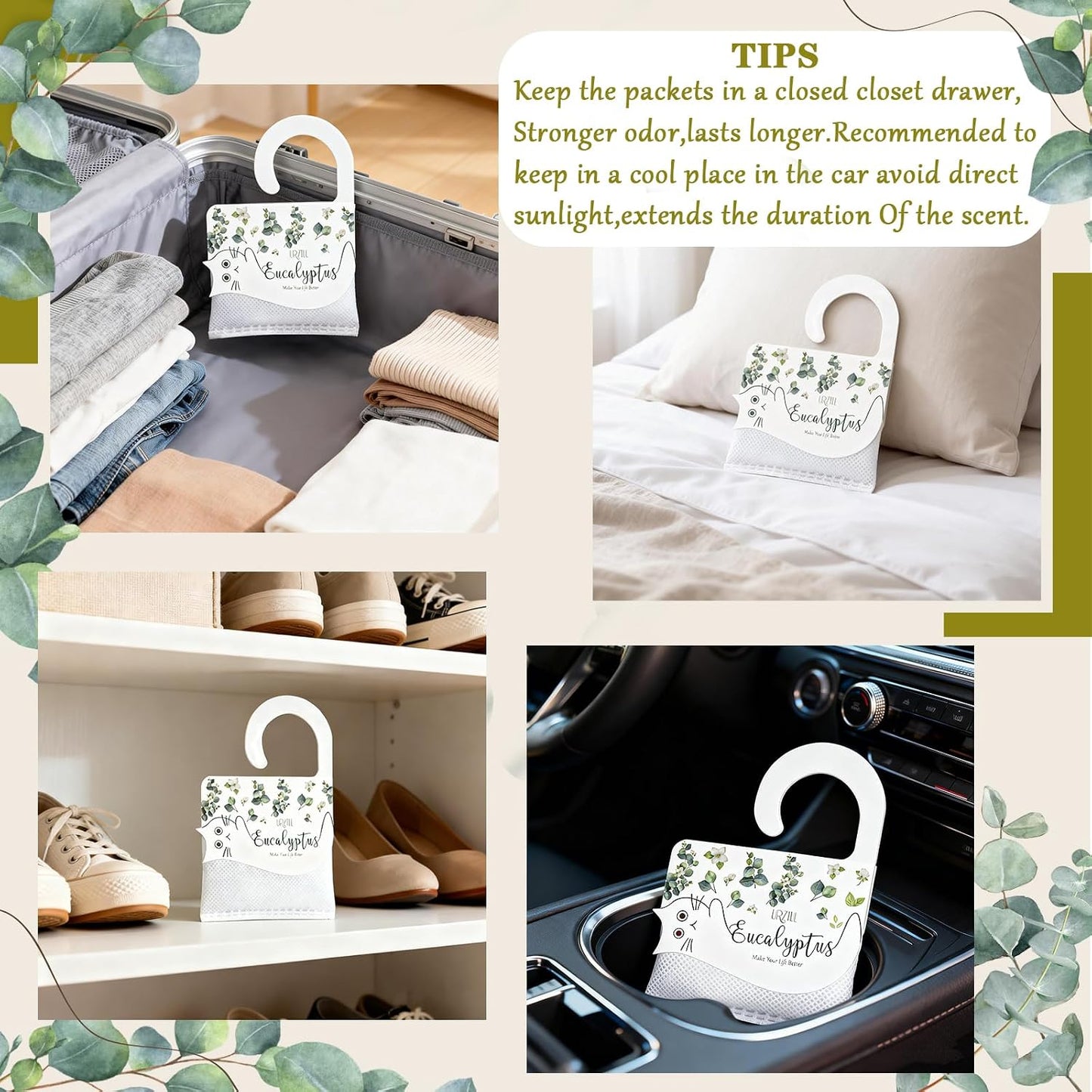13 PCS Eucalyptus Scented Sachets, Long Lasting Hanging Air Freshener Bags for Closet, Drawer, Shoe Cabinet, Car & Bathroom, Odor Eliminator & Home Fragrance Potpourri Bag
