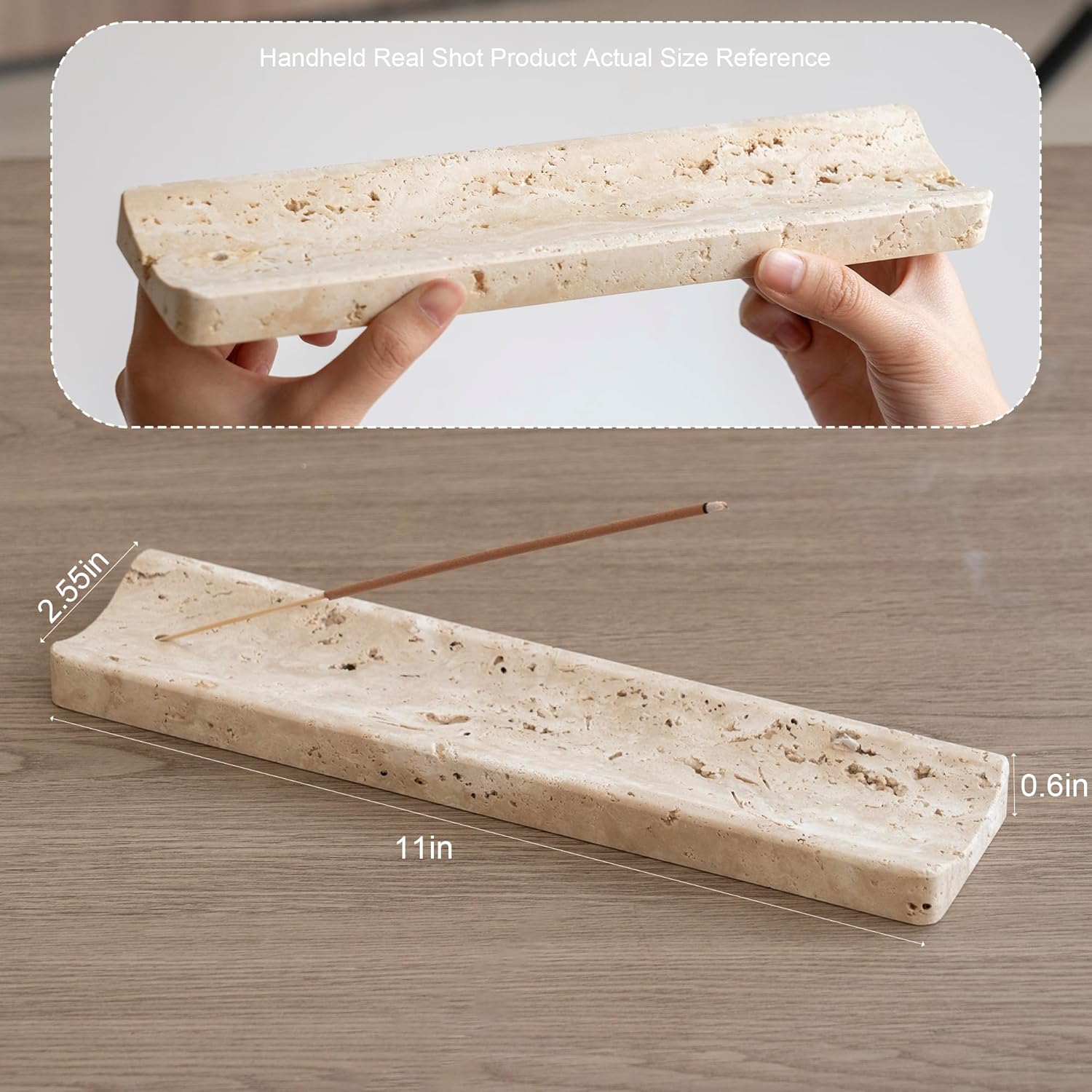 Marble Incense Holder Burner-Natural Stone Stick Incense Tray with Ash Catcher，20 Sticks & Brush - Elegant Decor for Meditation, Yoga, Home,Gift(Beige Travertine)