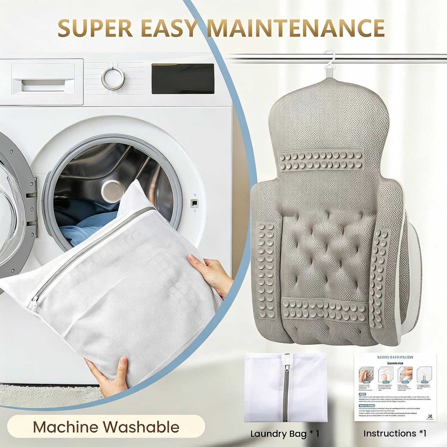 Full Body Bath Pillow, Luxury Bath Cushion with 192 Suction Cups, Bath Pillows for Tub for Head and Neck Support, with Laundry Bag White, 51" x 16"