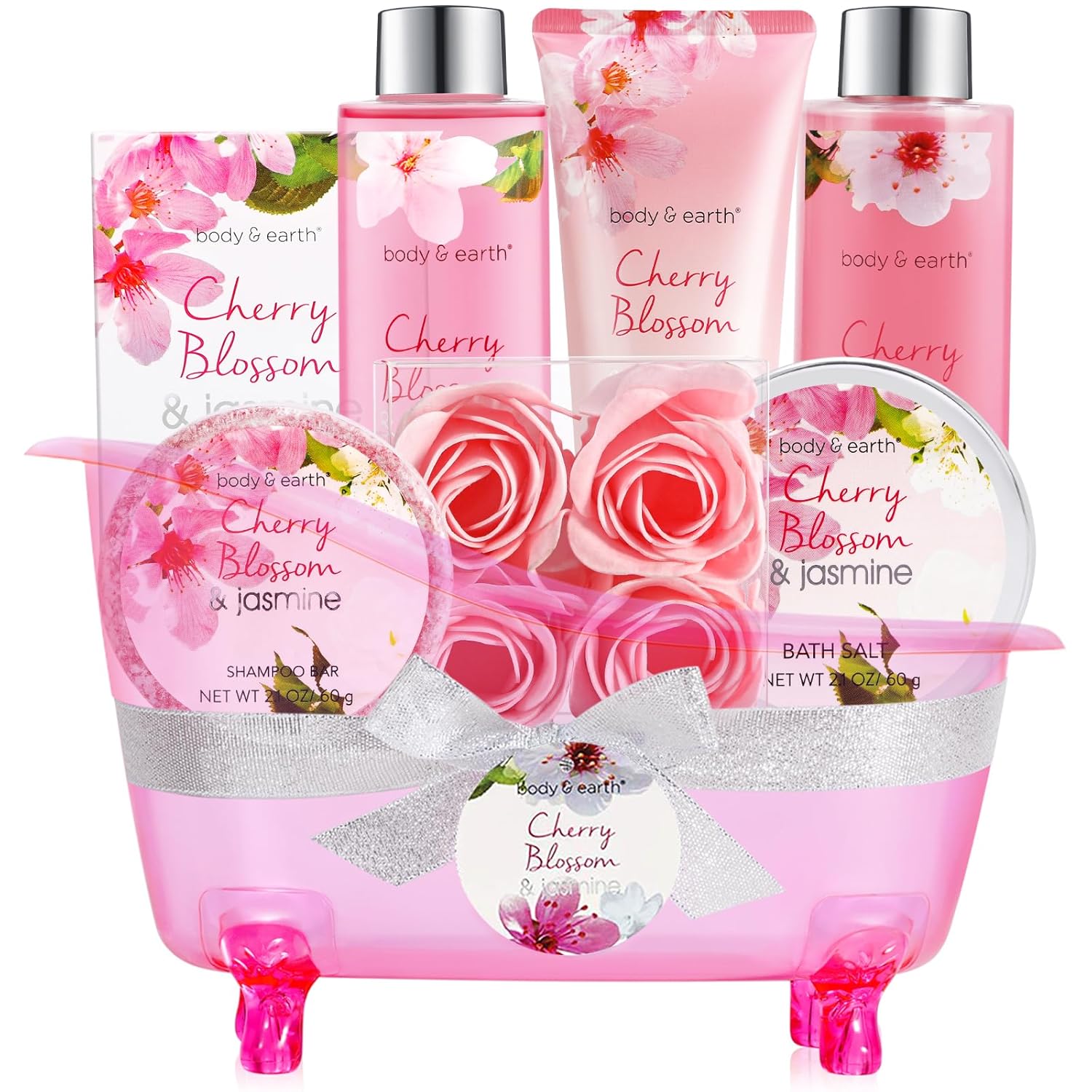 Body & Earth Spa Gifts for Women Self Care Kit - 8pcs Cherry Blossom & Jasmine Bath Sets for Women, Birthday, Mother's Day Gift Baskets for Mother, Wife, Girlfriends