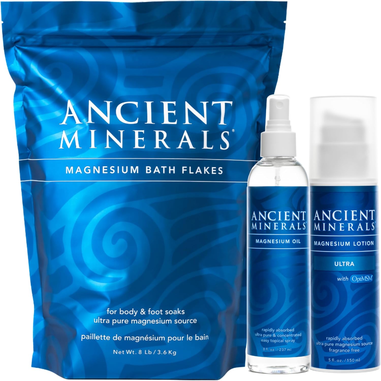 Ancient Minerals Magnesium Bundle – Bath Flakes (8lb), Oil Spray (8oz) & Lotion Ultra with MSM (5oz) – Topical Magnesium for Relaxation, Muscle Relief & Wellness