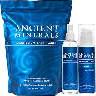 Ancient Minerals Magnesium Bundle – Bath Flakes (8lb), Oil Spray (8oz) & Lotion Ultra with MSM (5oz) – Topical Magnesium for Relaxation, Muscle Relief & Wellness