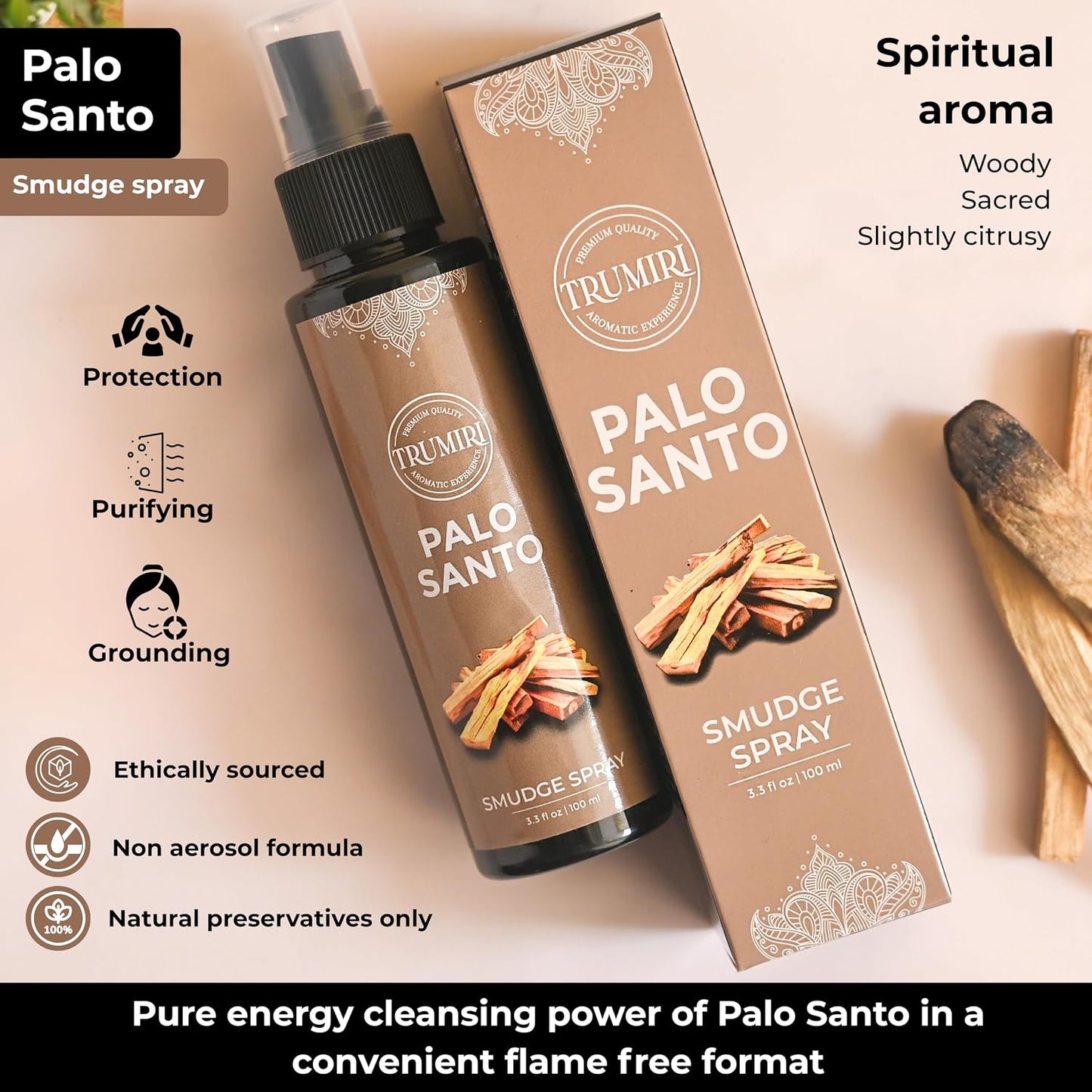Palo Santo Spray For Negative Energy Cleansing Of Home - Non Toxic Natural Room Spray Made With Palo Santo Essential Oil - Safe Body Mist For Smudge Kit