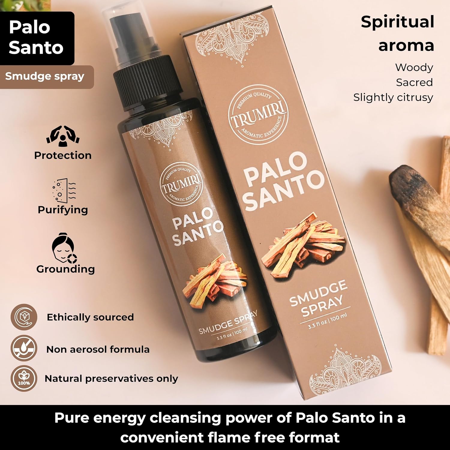 Palo Santo Spray For Negative Energy Cleansing Of Home - Non Toxic Natural Room Spray Made With Palo Santo Essential Oil - Safe Body Mist For Smudge Kit