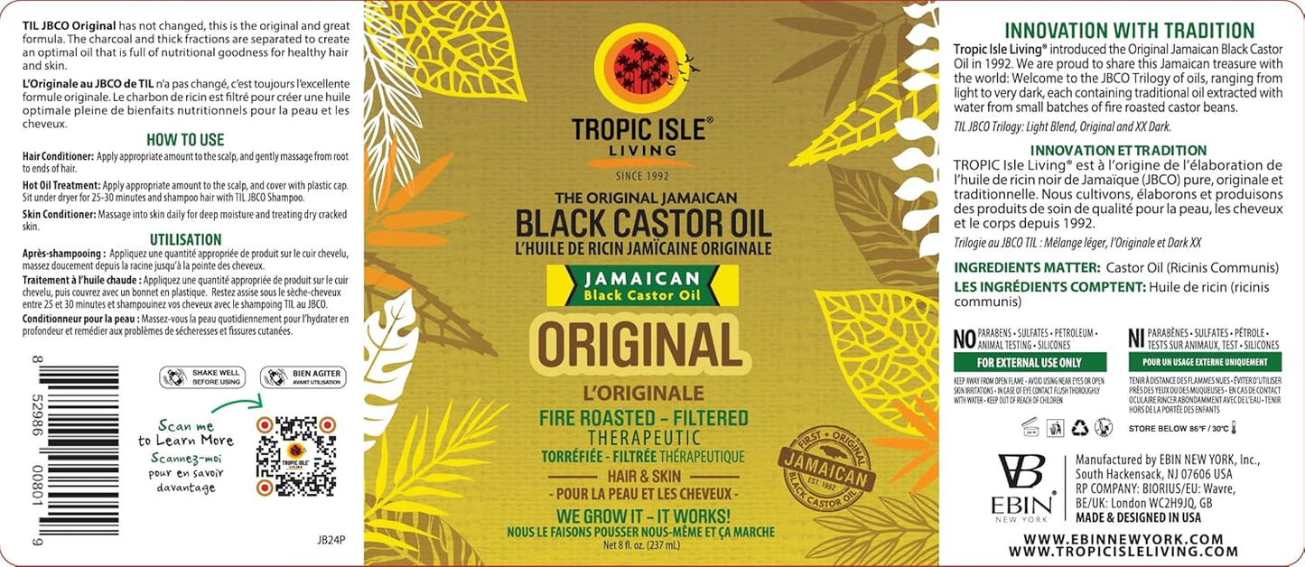 Tropic Isle Living Jamaican Black Castor Oil 8oz | Rich in Vitamin E, Omega Fatty Acids & Minerals | For Hair Growth Oil, Skin Conditioning, Eyebrows & Eyelashes, Scalp and Nail Care