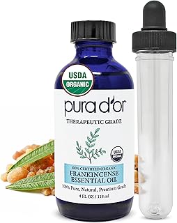 PURA D'OR ORGANIC Frankincense Essential Oil (4oz with Glass Dropper) 100% Pure & Natural Therapeutic Grade For Hair, Body, Skin, Aromatherapy Diffuser, Relaxation, Meditation, Mood, Massage, DIY Home
