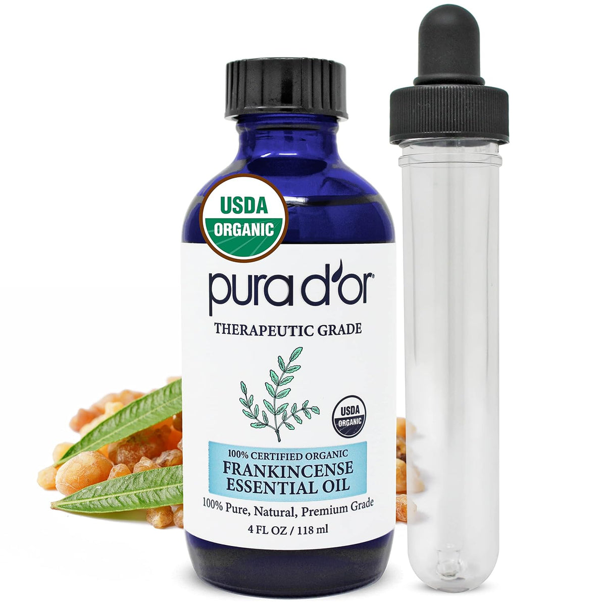 PURA D'OR ORGANIC Frankincense Essential Oil (4oz with Glass Dropper) 100% Pure & Natural Therapeutic Grade For Hair