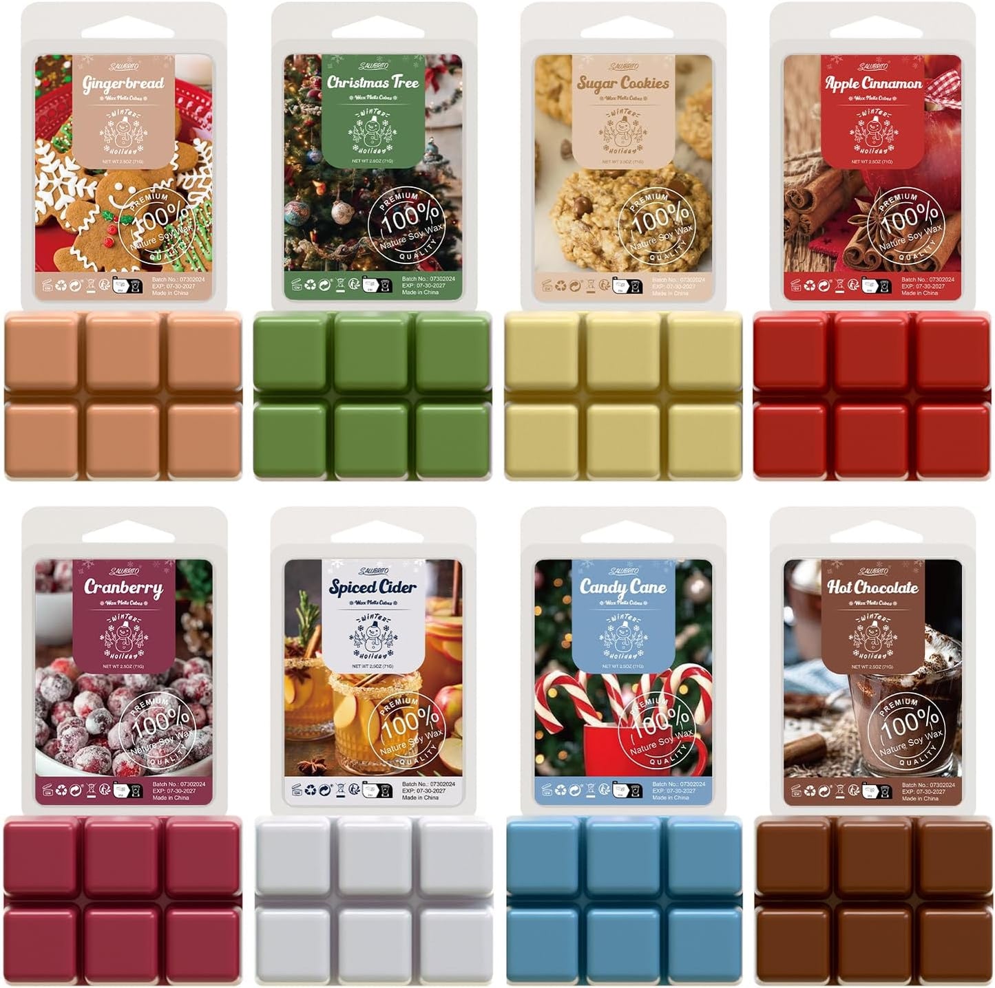 Salubrito Winter Scented Wax Melts, Strong Scented Soy Wax Cubes/Tarts Variety Set - Christmas Tree, Gingerbread, Candy Cane, Spiced Cider, Cranberry, Apple Cinnamon, Sugar Cookies, Hot Chocolate