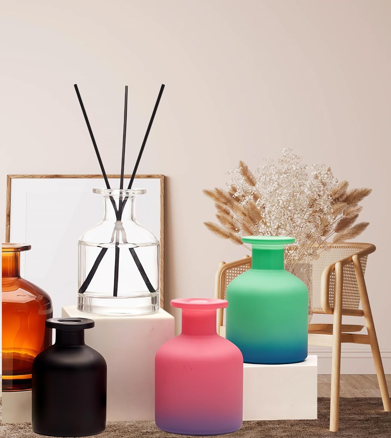 2 Pcs 150ml Black Glass Reed Diffuser Bottles,Empty Refillable Diffuser Bottle for Essential Oils,Aromatherapy Container for DIY Replacement Diffuser,Reed Sticks,Small Flower Bud Vase