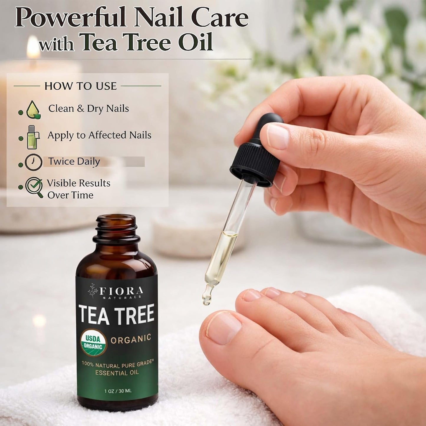 Tea Tree Oil – 100% Pure Organic Tea Tree Essential Oil for Skin, Face, Hair, Scalp, Nails, and Toenail – Therapeutic Grade Tree Tea Oil for Acne & Hair Growth – 1 fl oz - By Fiora Naturals