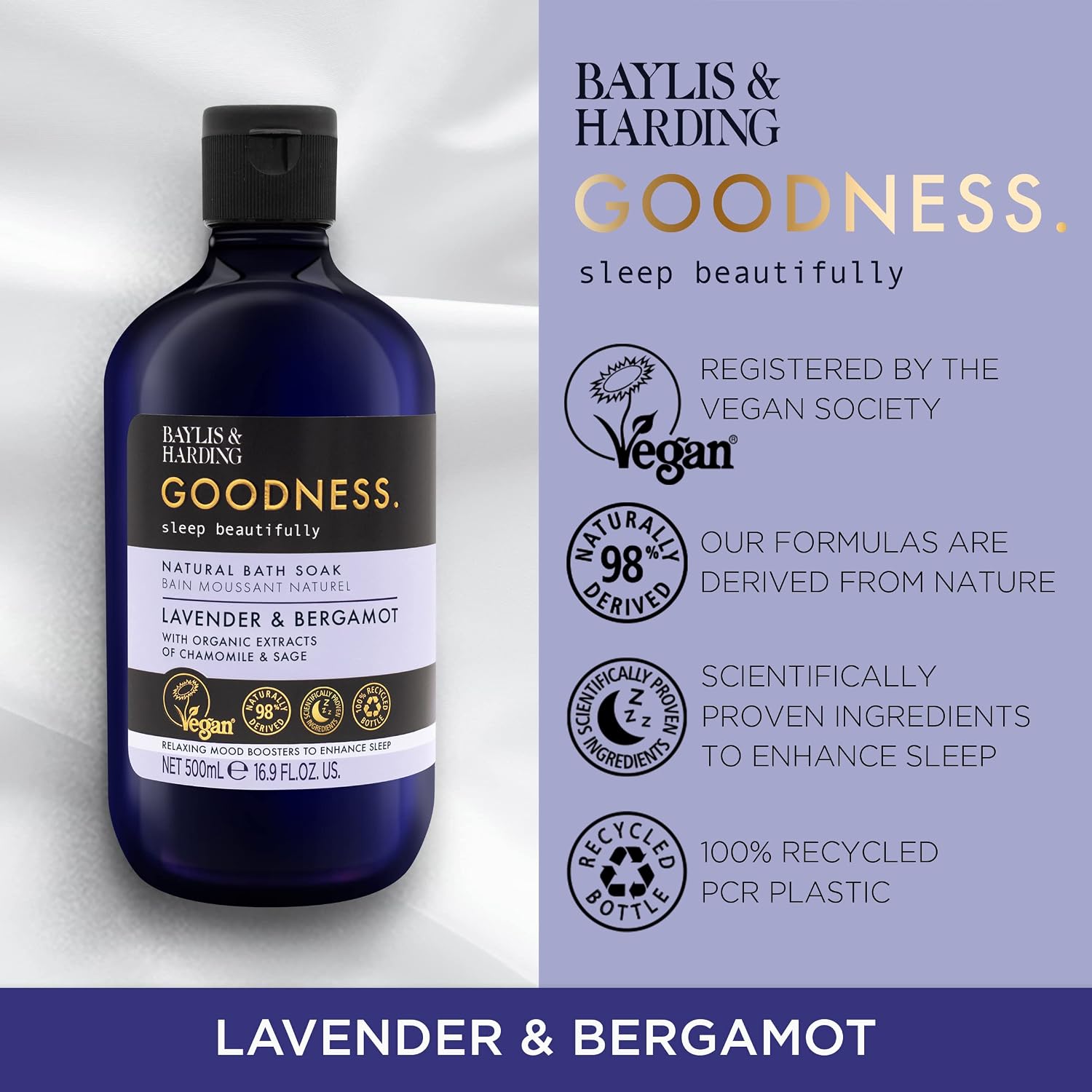Baylis & Harding Goodness Sleep Lavender & Bergamot Bubble Bath 16.9 fl. oz (Pack of 4) - Vegan Friendly