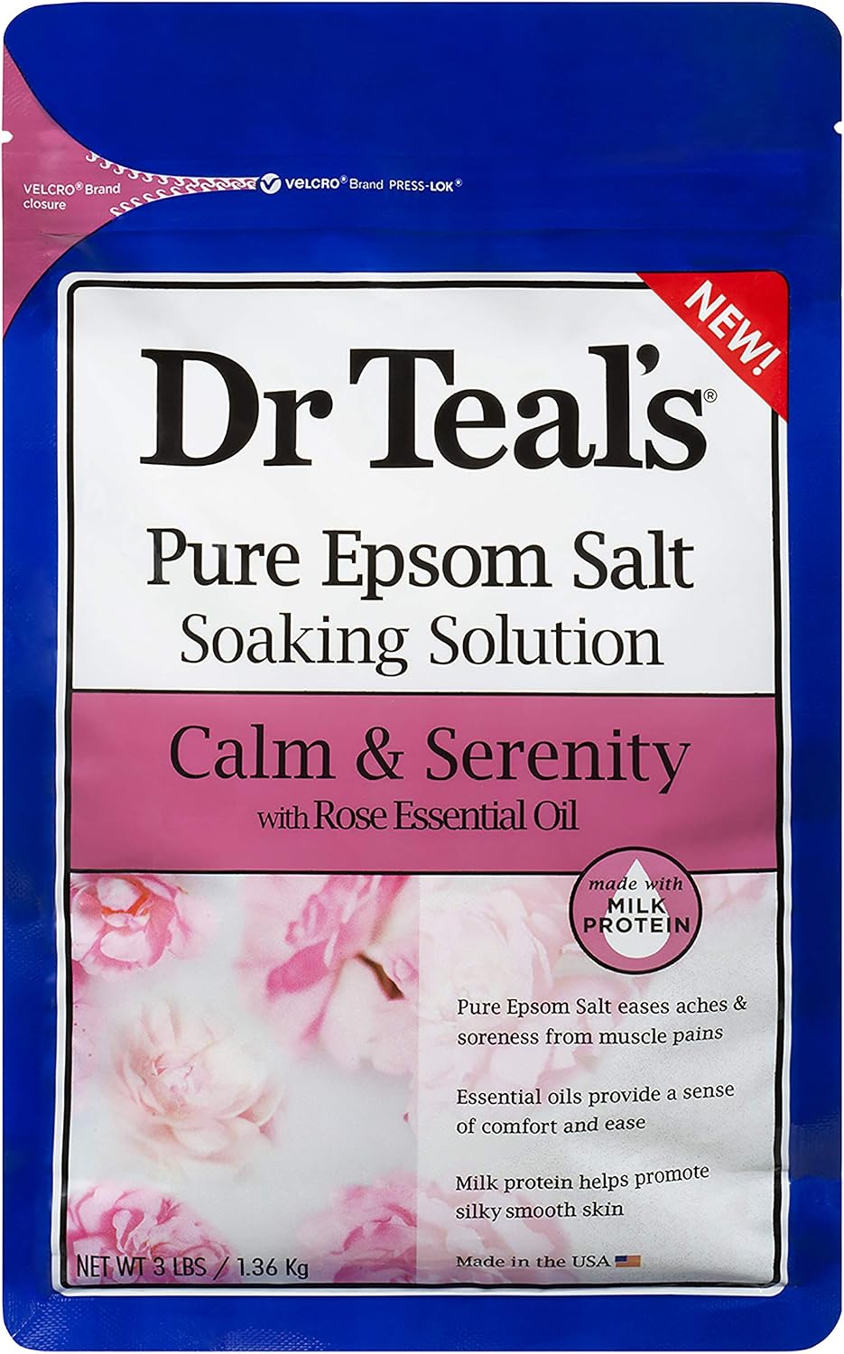 Bundle of Dr Teals Calm & Serenity with Rose Essential Oil (Made with Milk Protein): Pure Epsom Salt Soaking Solution 3 LBS & Foaming Bath 34 FL OZ